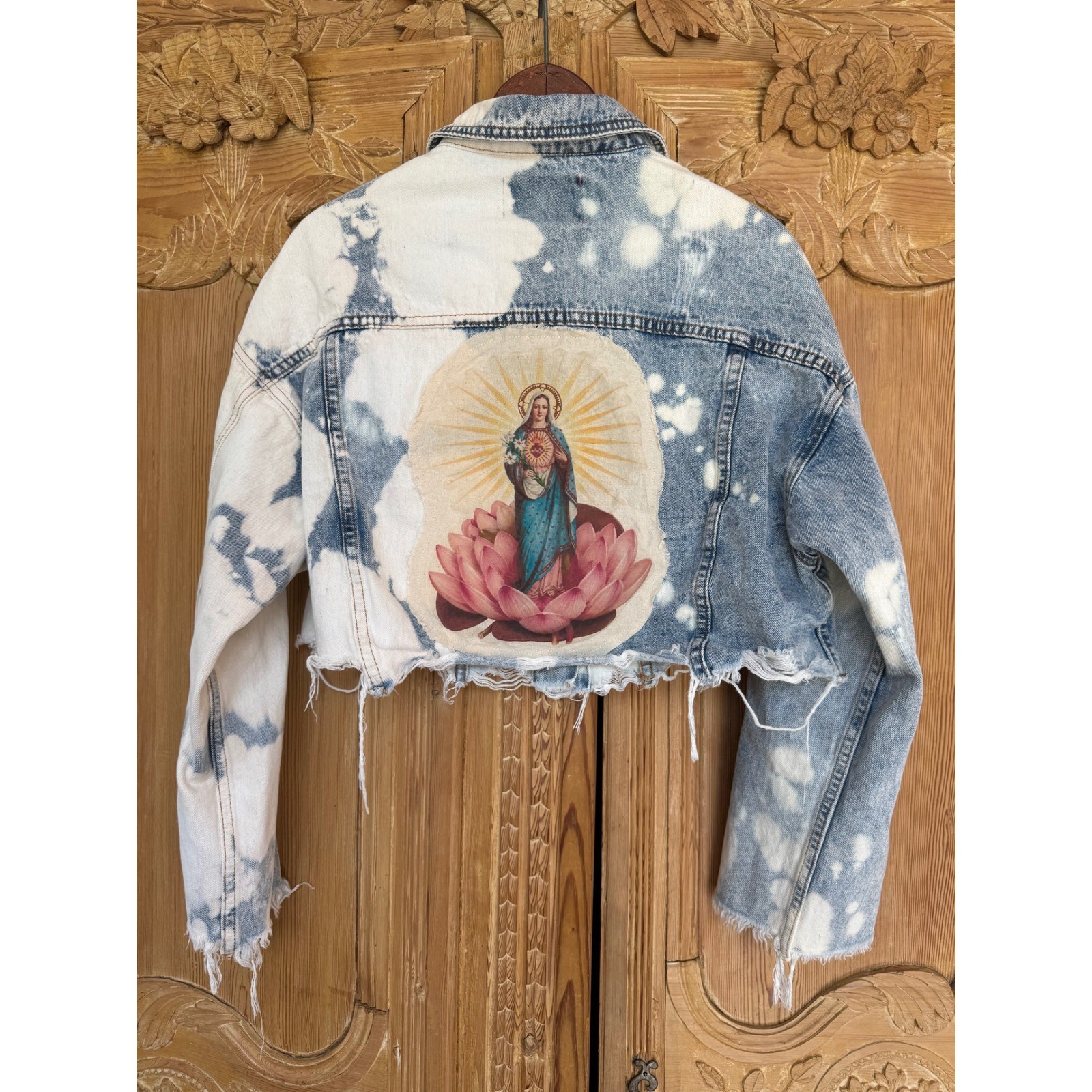 OOAK Distressed Bleached Denim Sacred Heart Lotus Cropped Jacket M
