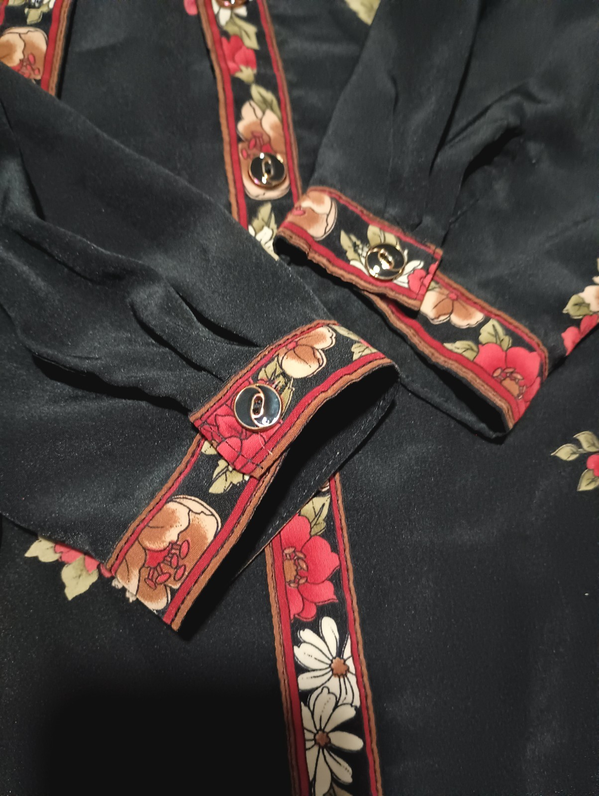 Vtg 80s Floral Bouquet Draped Button Up Blouse Top kitsch baroque M