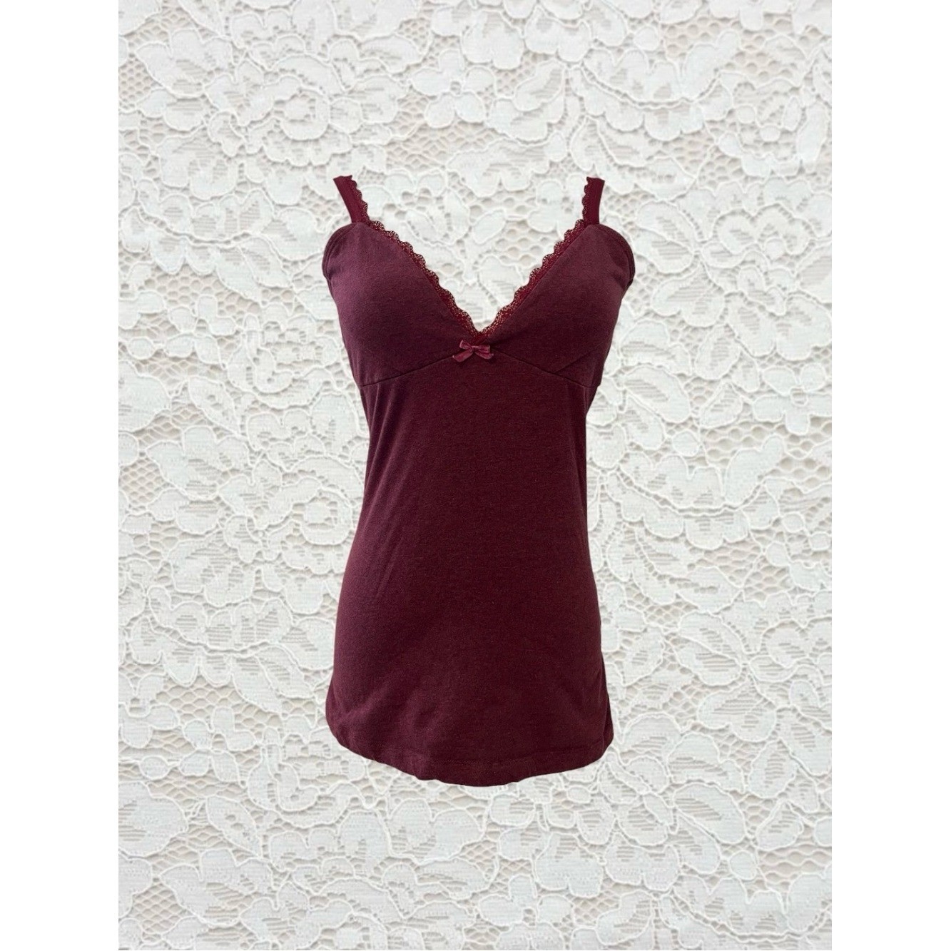 vintage burgundy lace trim babydoll cami tank top with bow detail #coquette