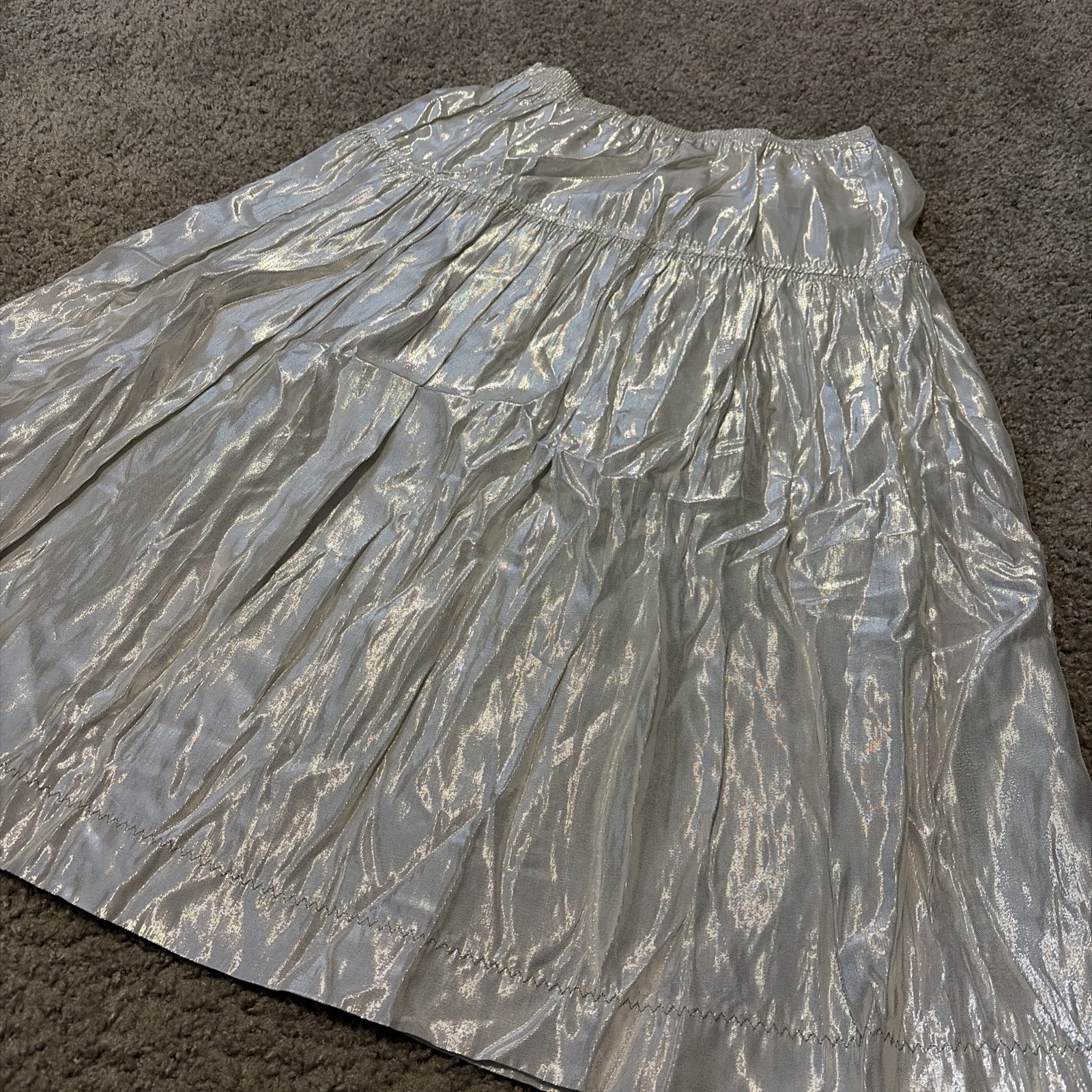 VTG 80s Silver Metallic Shiny Silver Midi Skirt “Year Of…” Brand Size Large USA