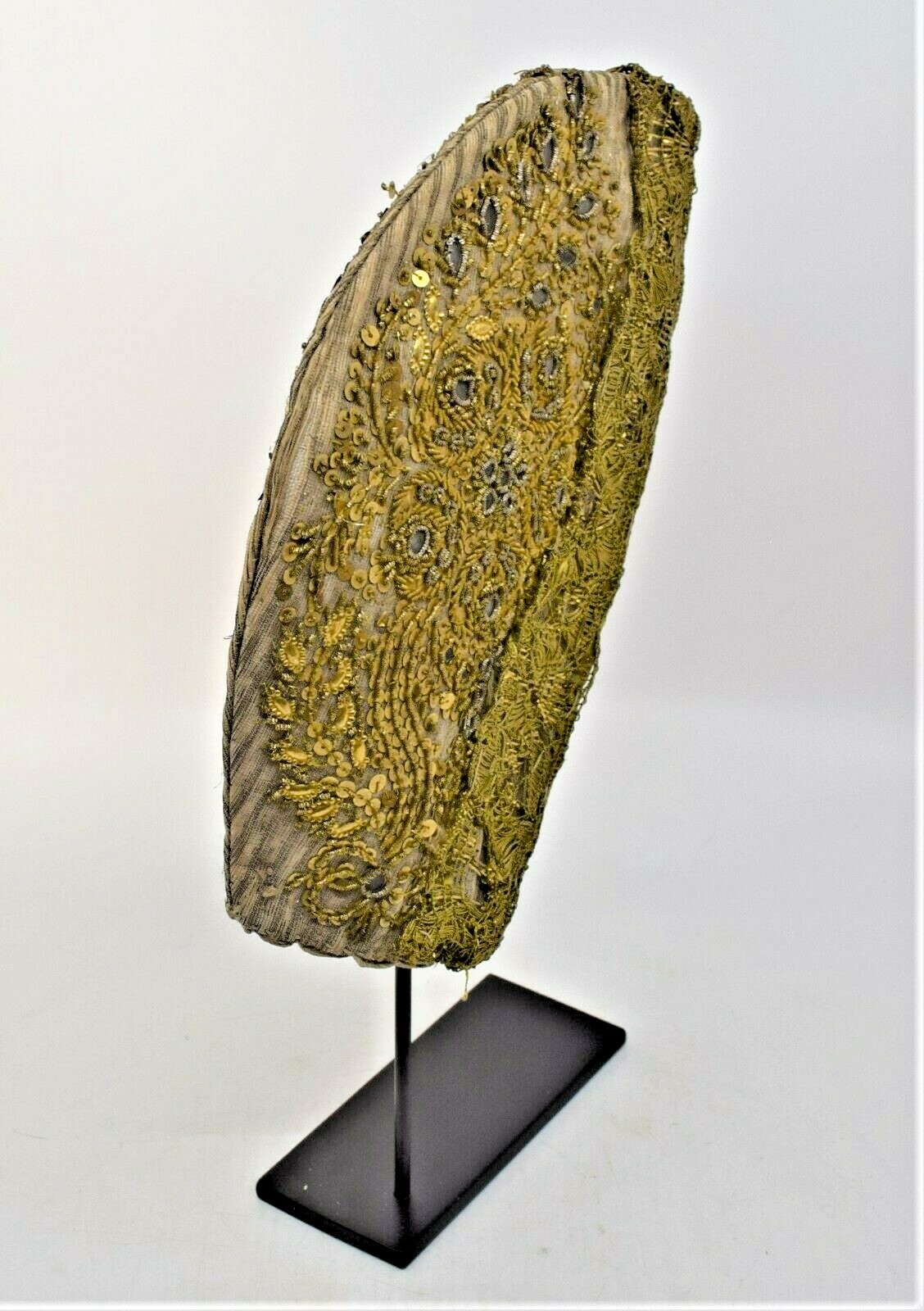 Antique 18th Century Fine Woman’s Hat Coif Striped Silver Fabric Floral European