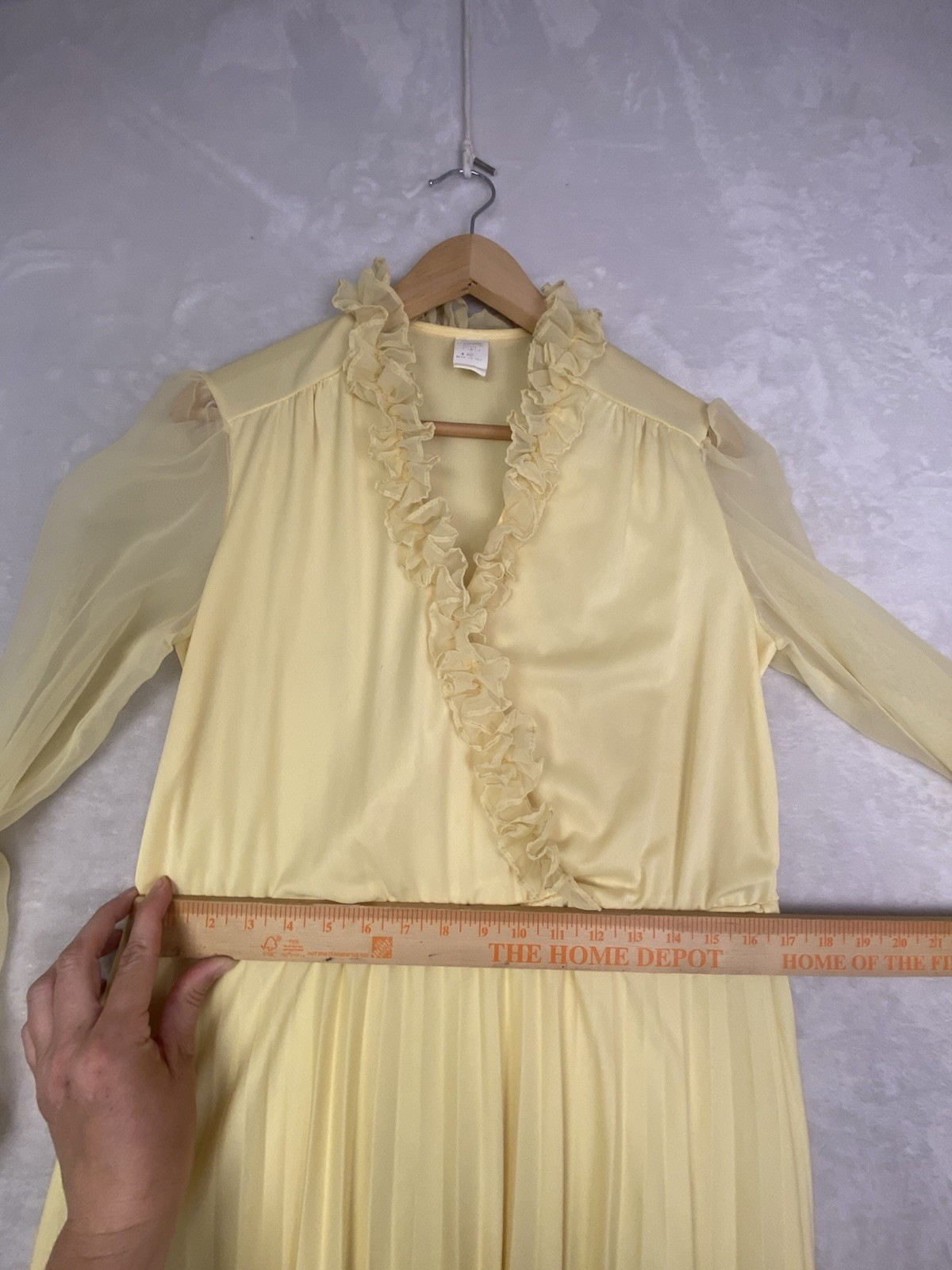 True Vintage 70s Yellow Chiffon Pleated Dress Ruffle Trim Sheer Sleeves USA Made