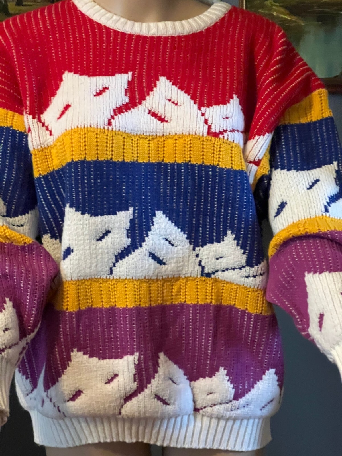 Vtg 80s Organically Grown Large Red Yellow Blue White Sweater Oversize Crew Neck