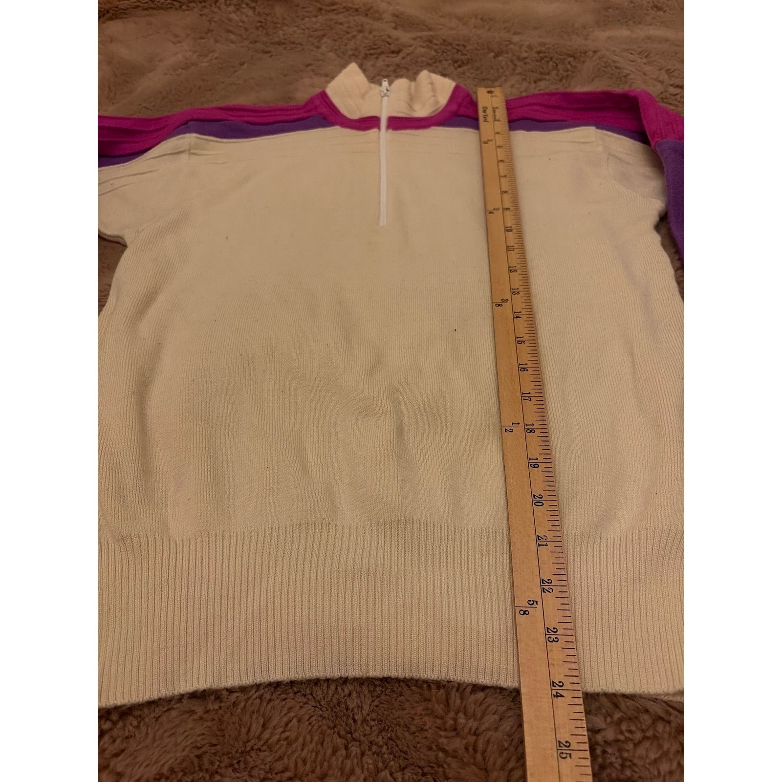 Vintage Meister Womens Wool Blend Quarter Zip Ski Sweater Cream Purple Pink L