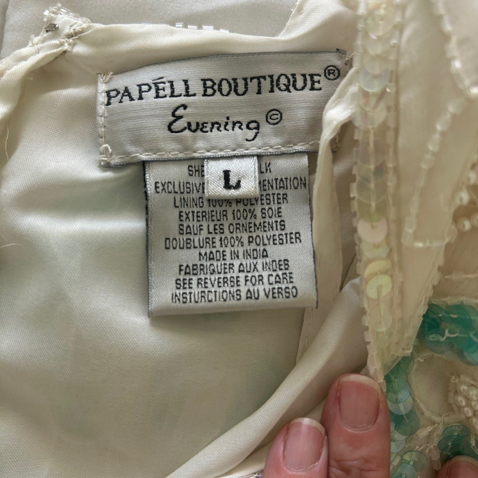 Papell Evening Silk Blouse Womens L Ivory Sequin Beaded Floral Vintage VNeck