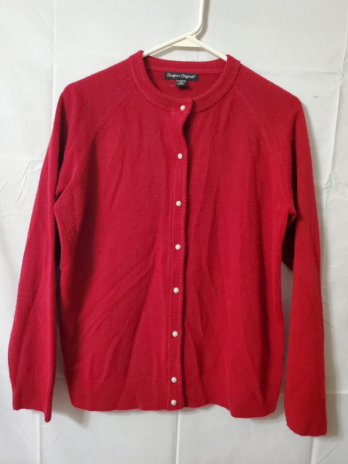 Vintage Designers Originals Luxelon Cardigan Size M Faux Pearl Button Grandma