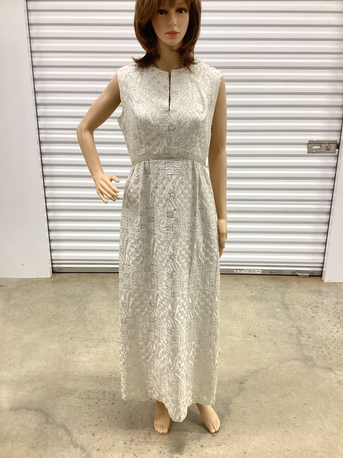 Vintage 1960s Embroidered Gown Very High Side Slits Rhinestones Silver