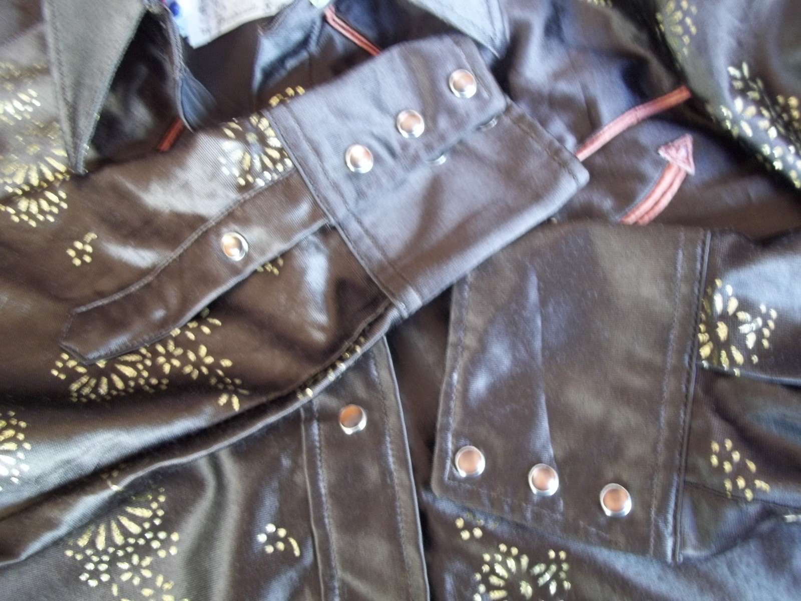 Vintage Panhandle Slim Western Shirt S-M Arnel Brown Gold Metallic Snaps 70s 80