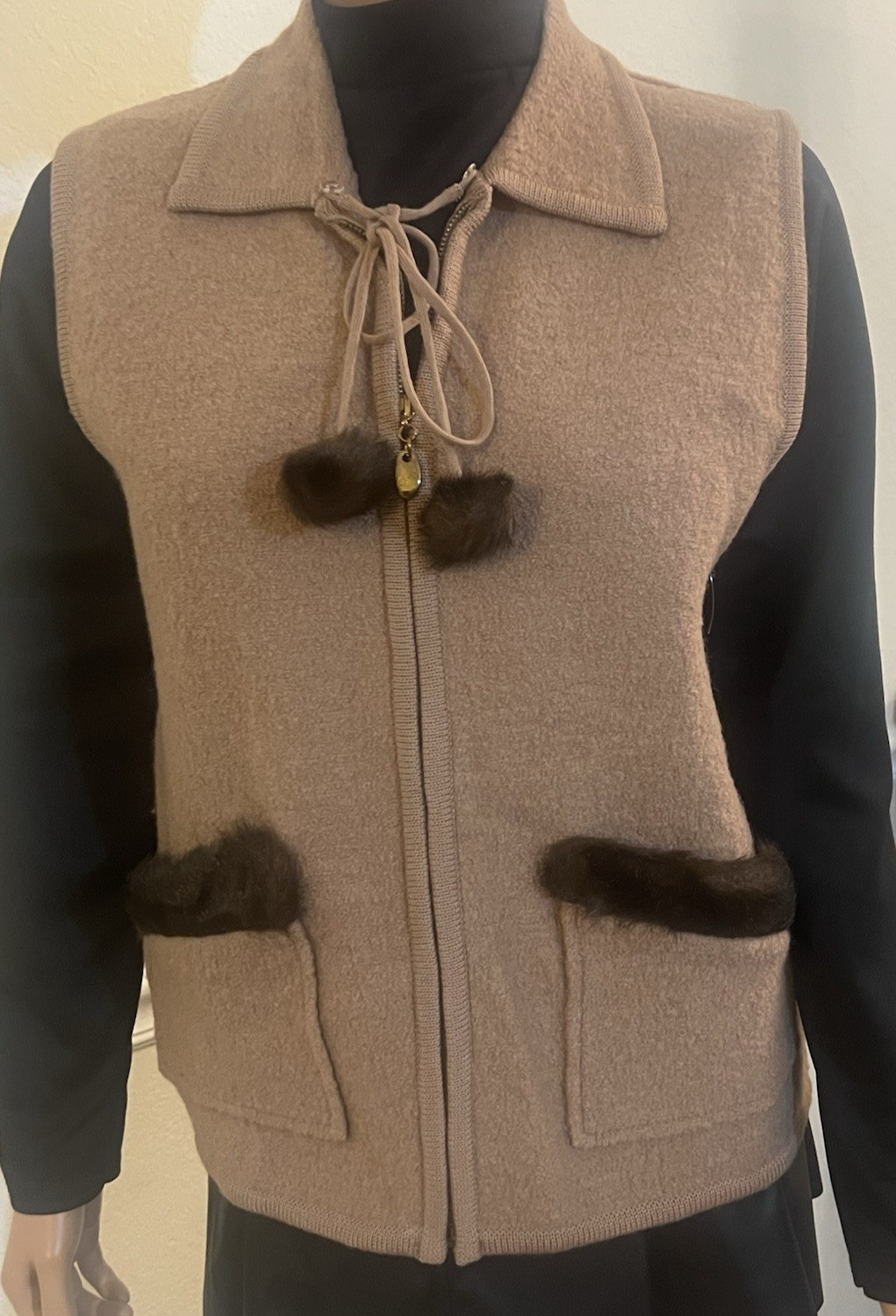 Vintage 70s Pom Pom Vest M/L Faux Fur 100% Wool Tie Neck Camel Tone