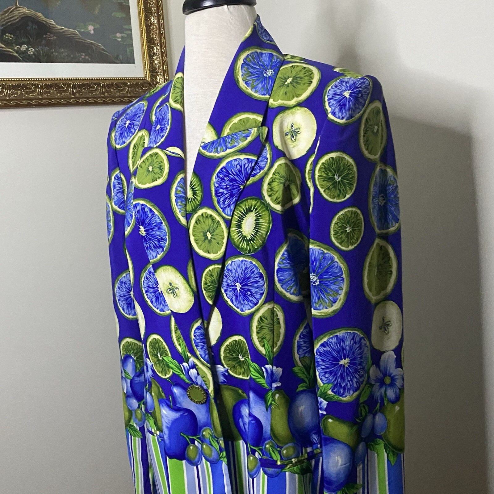 Gorgeous Vintage Silk one button fruit blazer in blues and greens. CRISCIONE NY