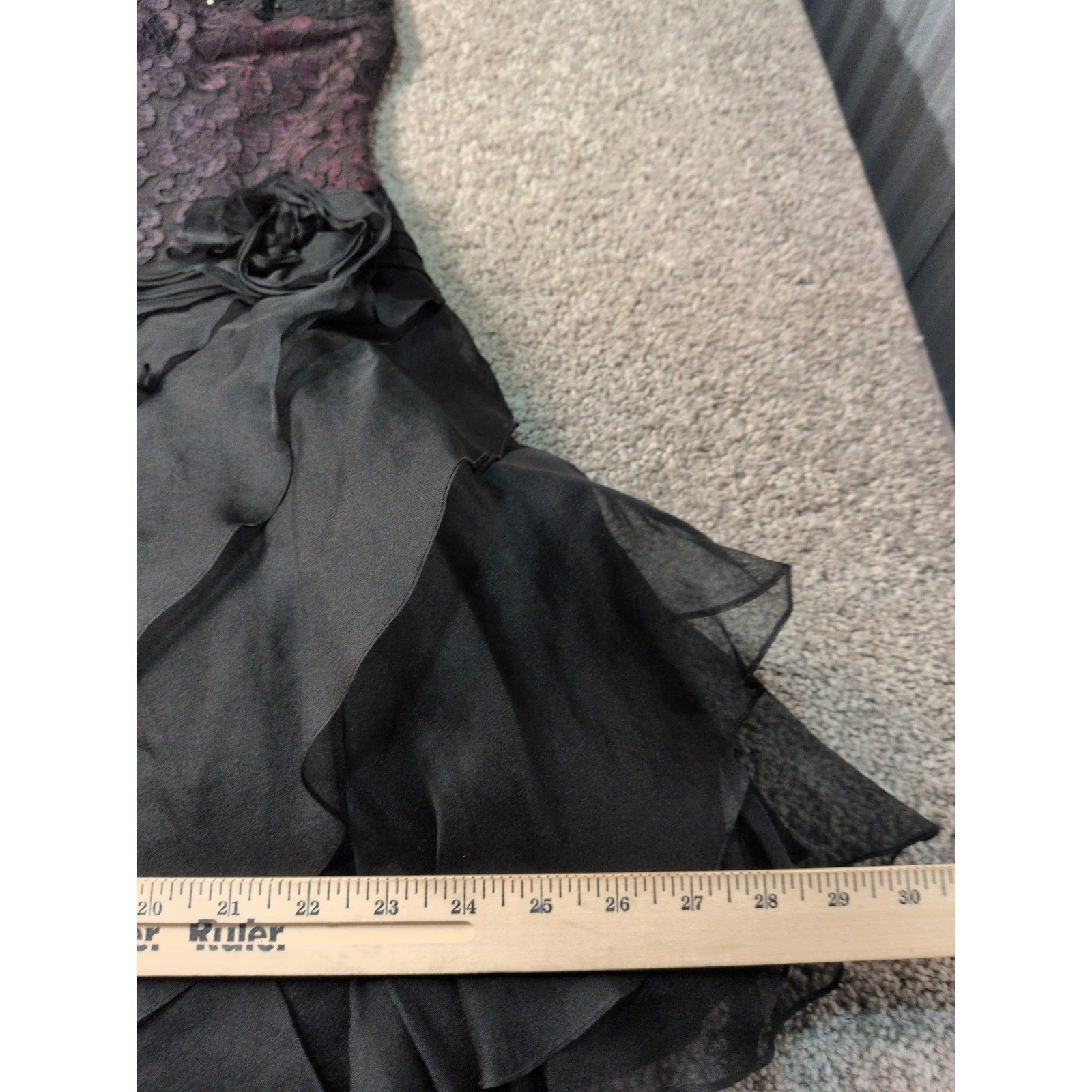 Tadashi Shoji Vintage 100% Silk Lace Sequin Tiered Ruffle Dress Black Plum 10P
