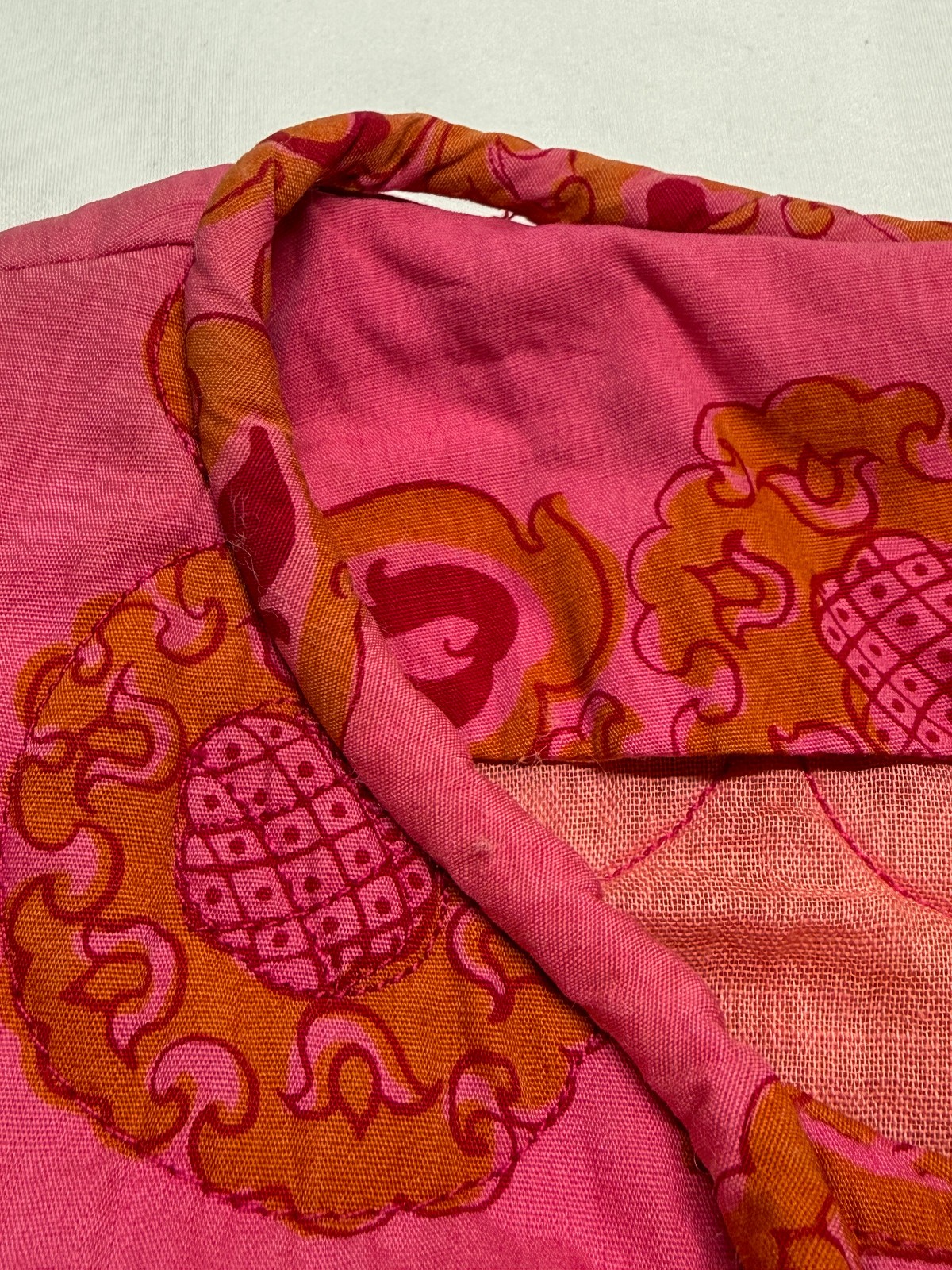 vtg 60s Quilted 1/2 Zip House Coat Robe 3/4 Sleeve Pink Orange Design Thai sz 10
