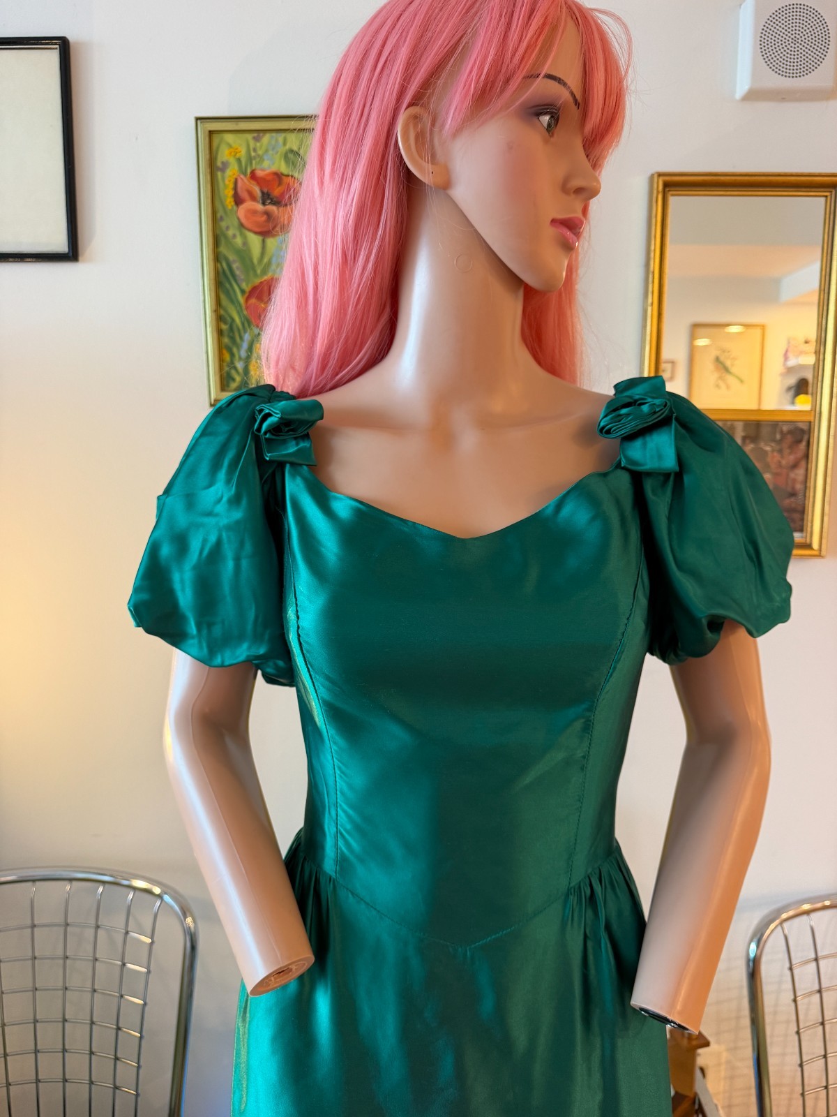 💚 Vtg 80s Party Prom Emerald Green Taffeta Gown Puff Slv Ballgown Prom Dress M