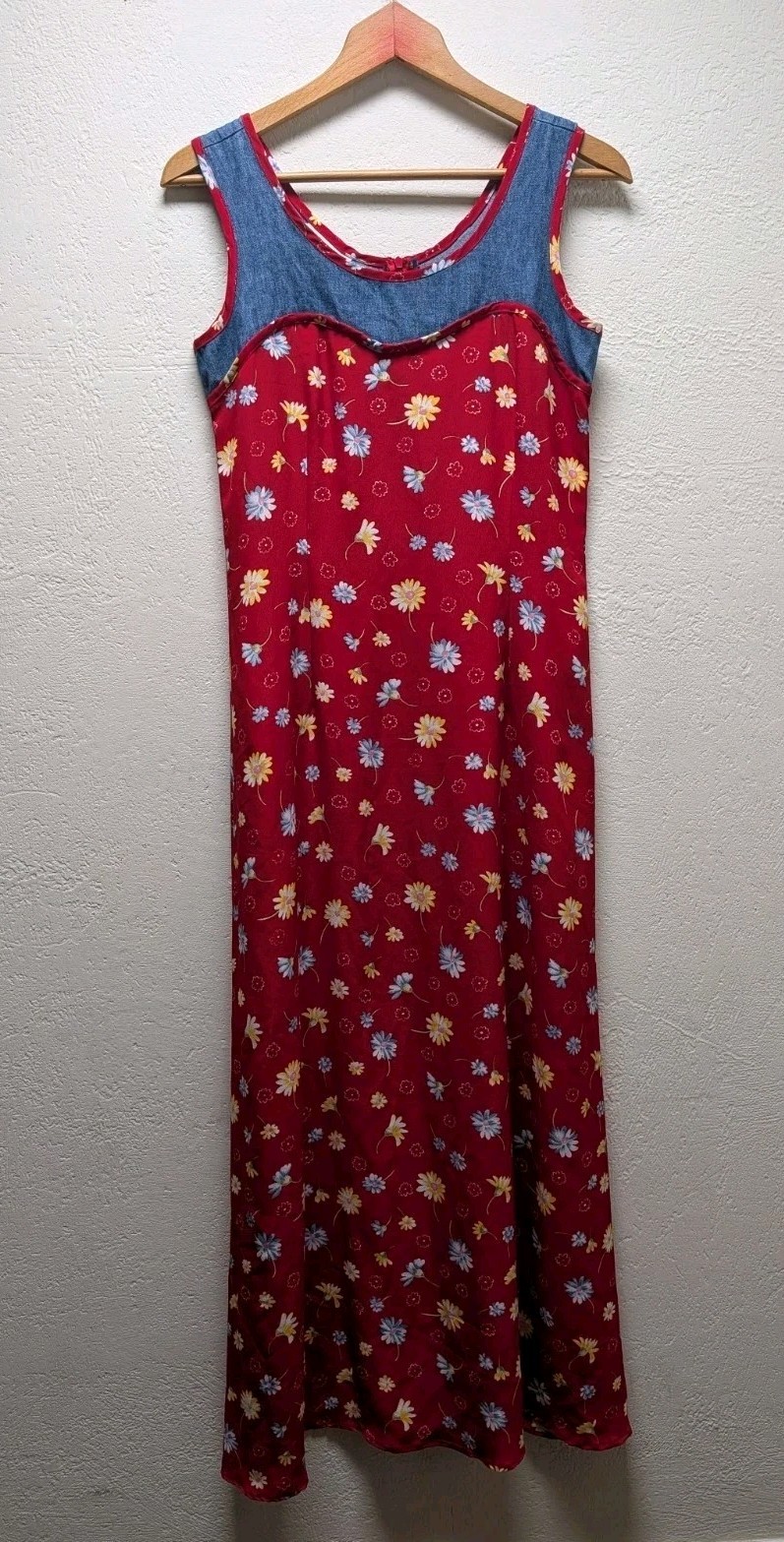 Women’s Vintage 90s Mixed Media Maxi Dress Red Floral Denim Sz 8 Grunge Western
