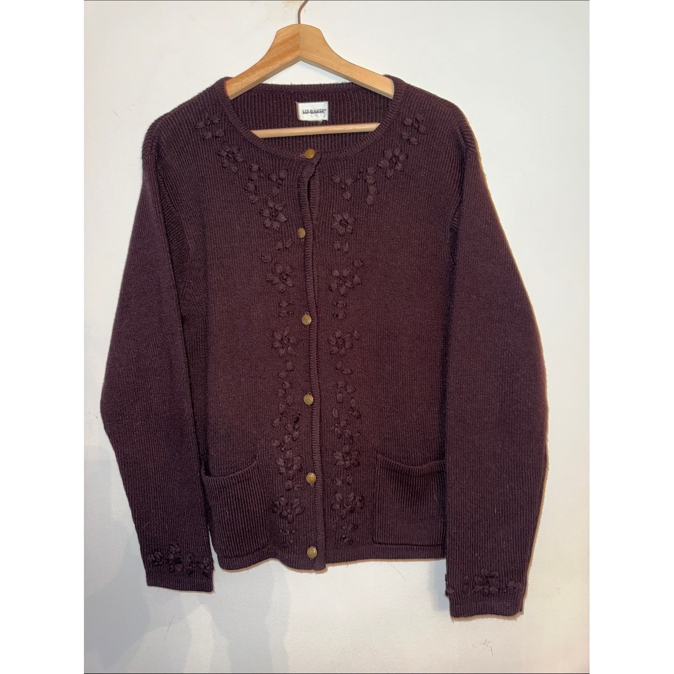 VTG Liz Baker Floral Embroidered Cardigan Sweater Burgundy Button Front