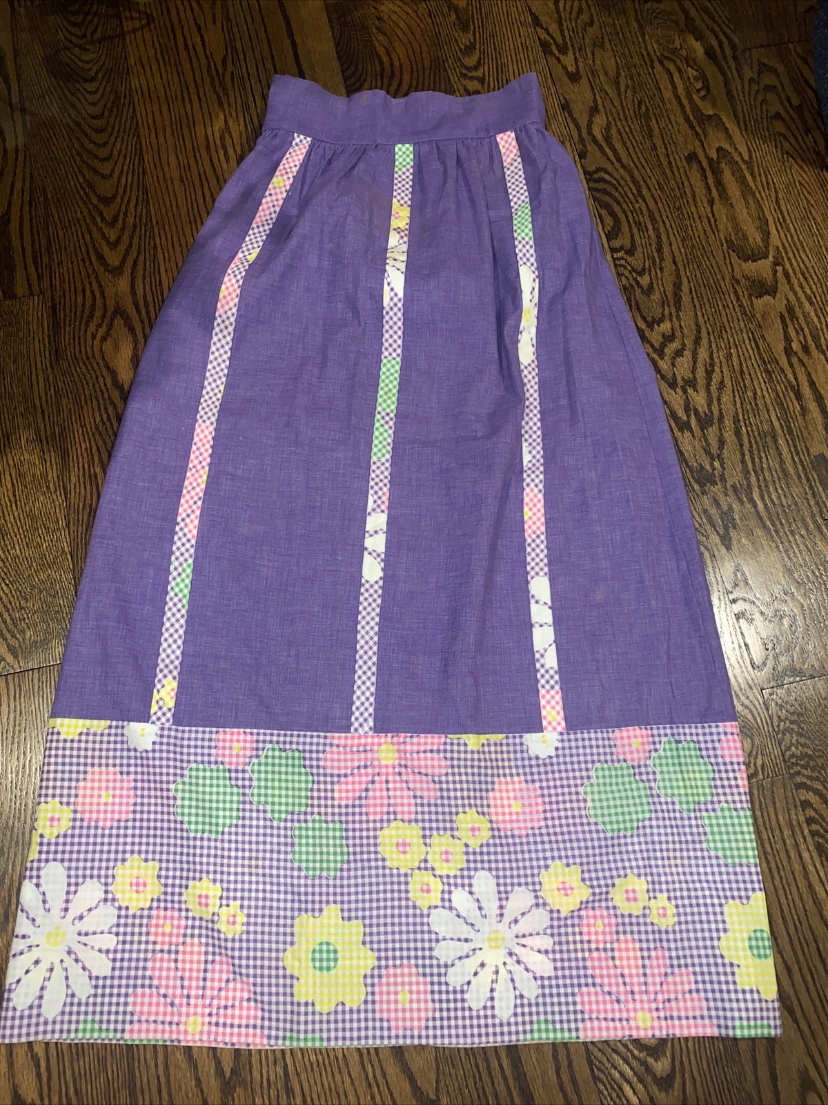 Vintage Handmade Purple Gingham Floral Maxi Skirt 29” Waist 41”long