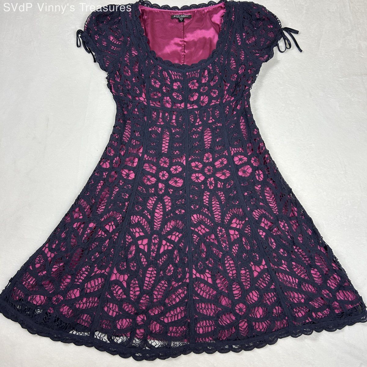 Vintage Y2K Betsey Johnson Women’s Navy Pink Floral Lace Silk Lining Dress Sz 8