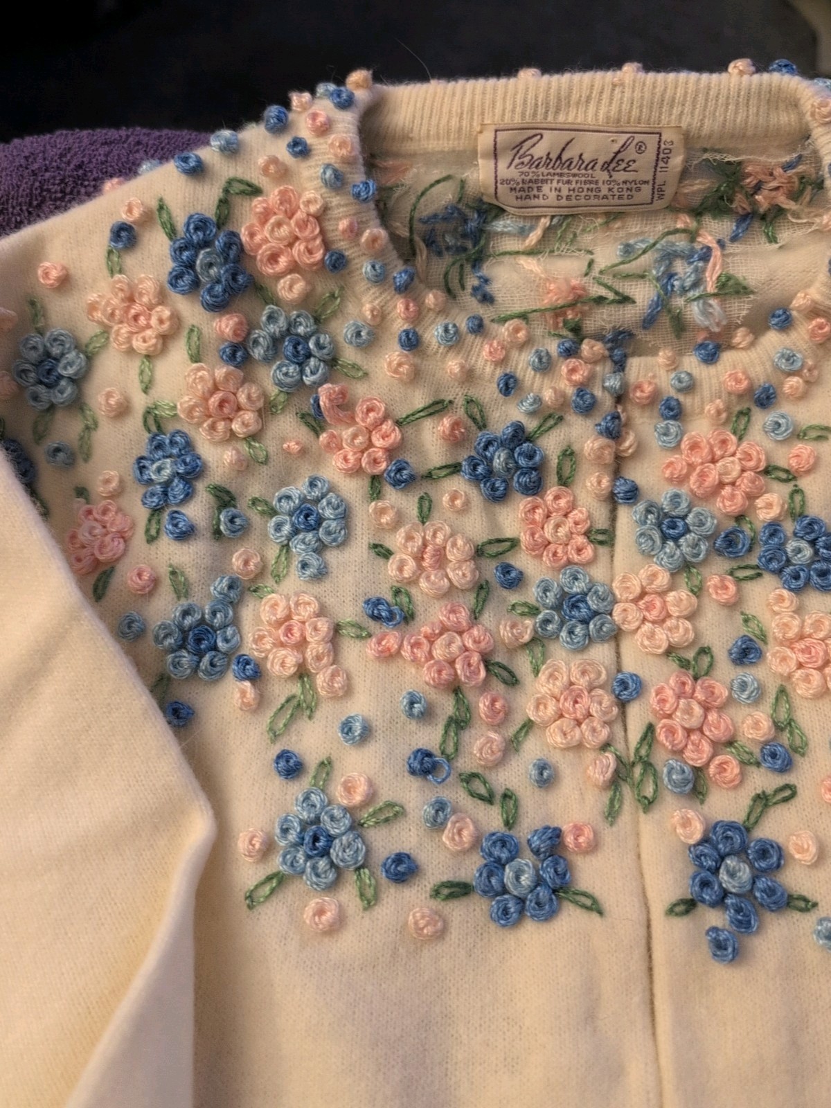 VTG 50’s Cardigan Sweater Barbara Lee Lambswool Hand Decorated HongKong STUNNING
