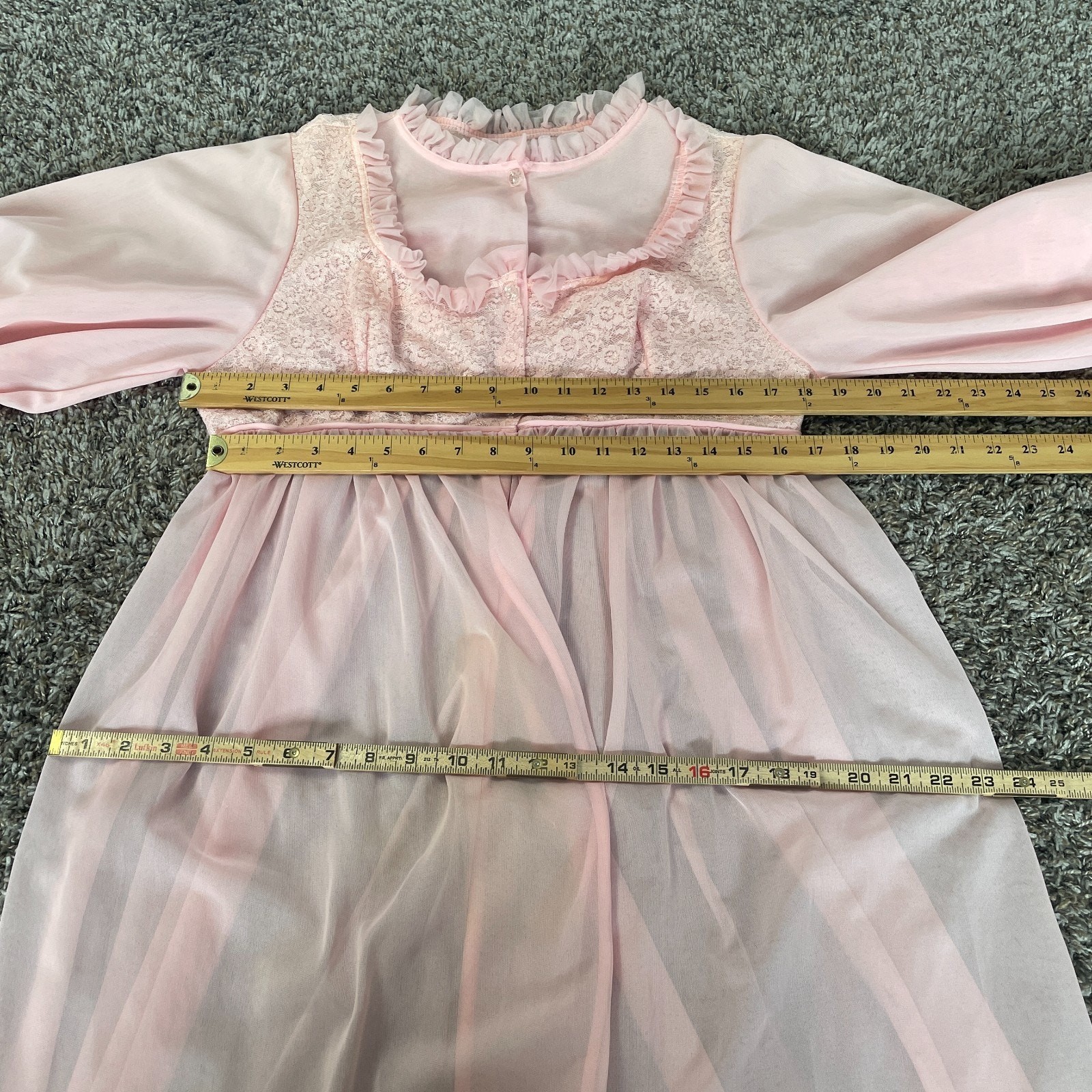 Vintage 70s Peignoir Set Large Pink Sheer Chiffon Lace Lingerie Babydoll 2 Piece