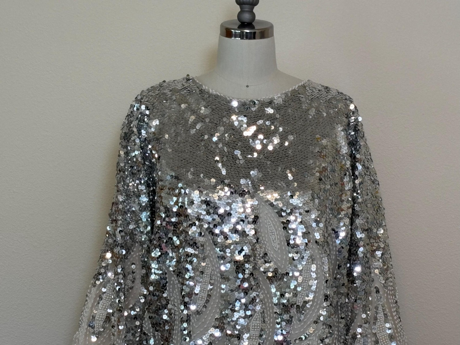 Vintage 80s Beaded Silk Top, White Silver Sequin Disco Tee, Sparkle Top