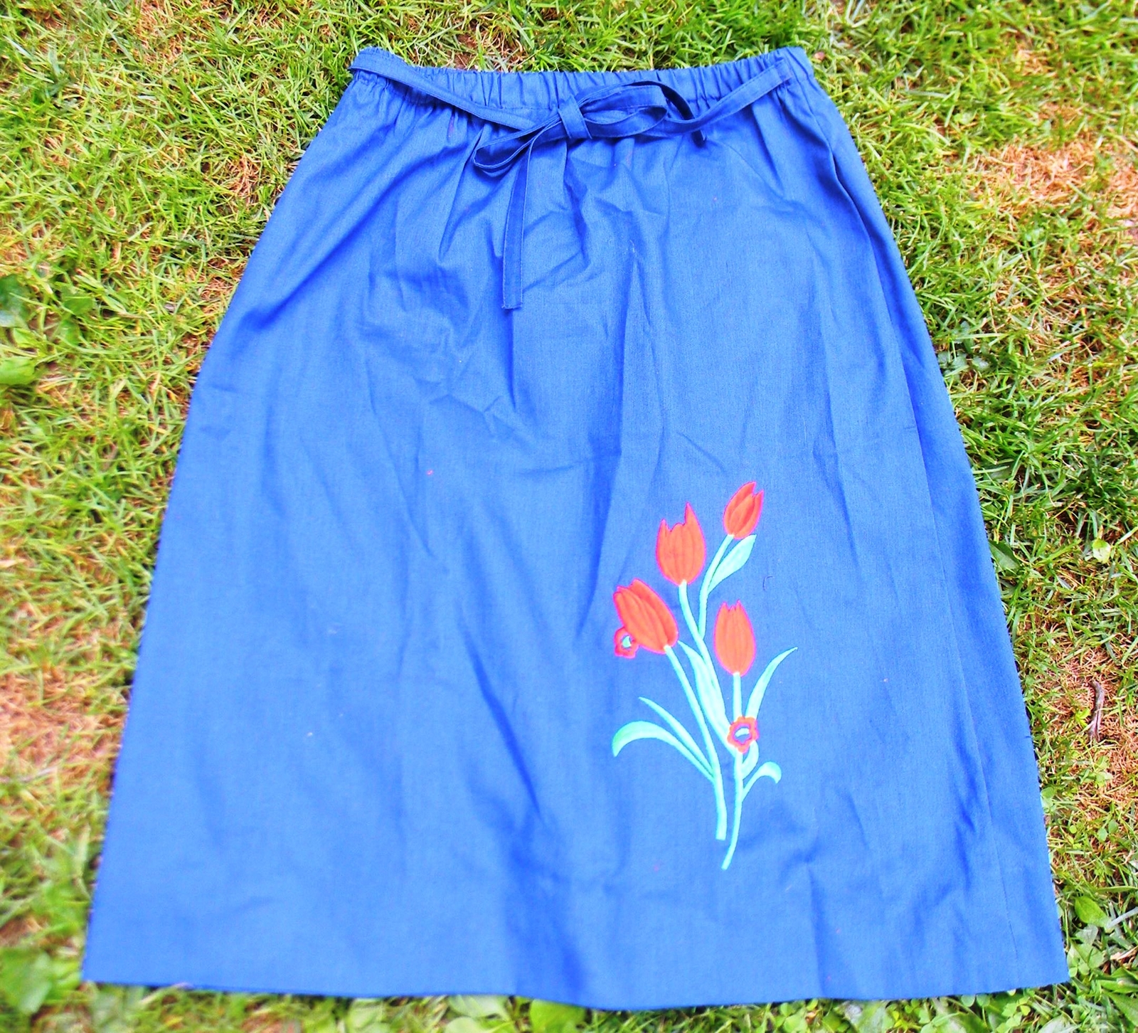 Vintage Sanibel Sport Navy Blue Red Tulip Embroidered Elastic A-line Skirt Sz XL
