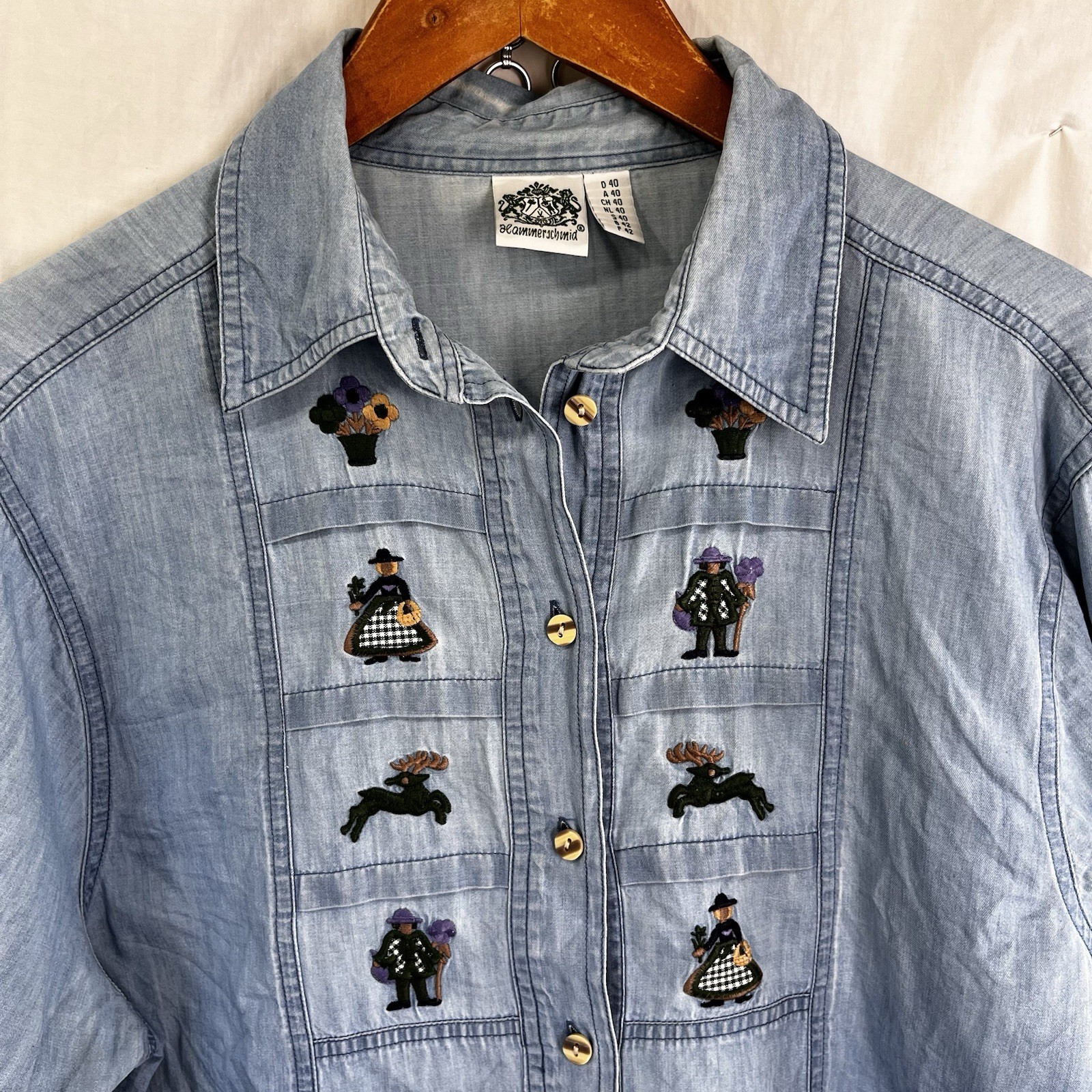 Hammerschmid Vintage Chambray Shirt Womens Size 40 German Cotton Embroidered