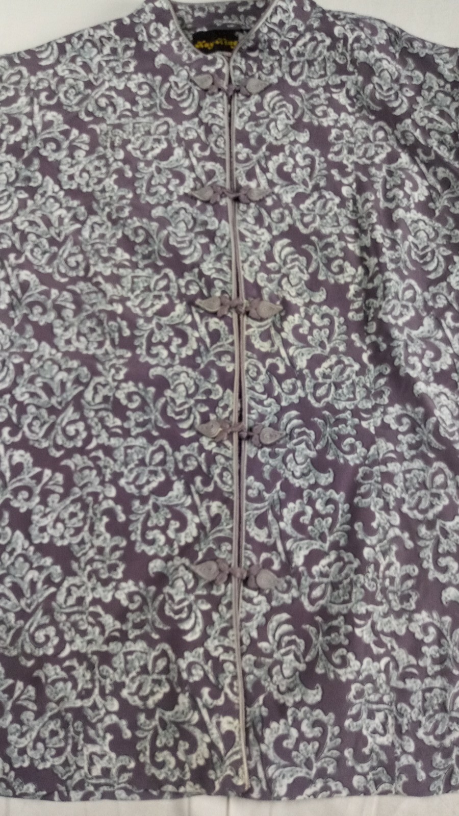 May King High Fashion Jacket Oriental Brocade Satin Gray Frog Buttons Size 13