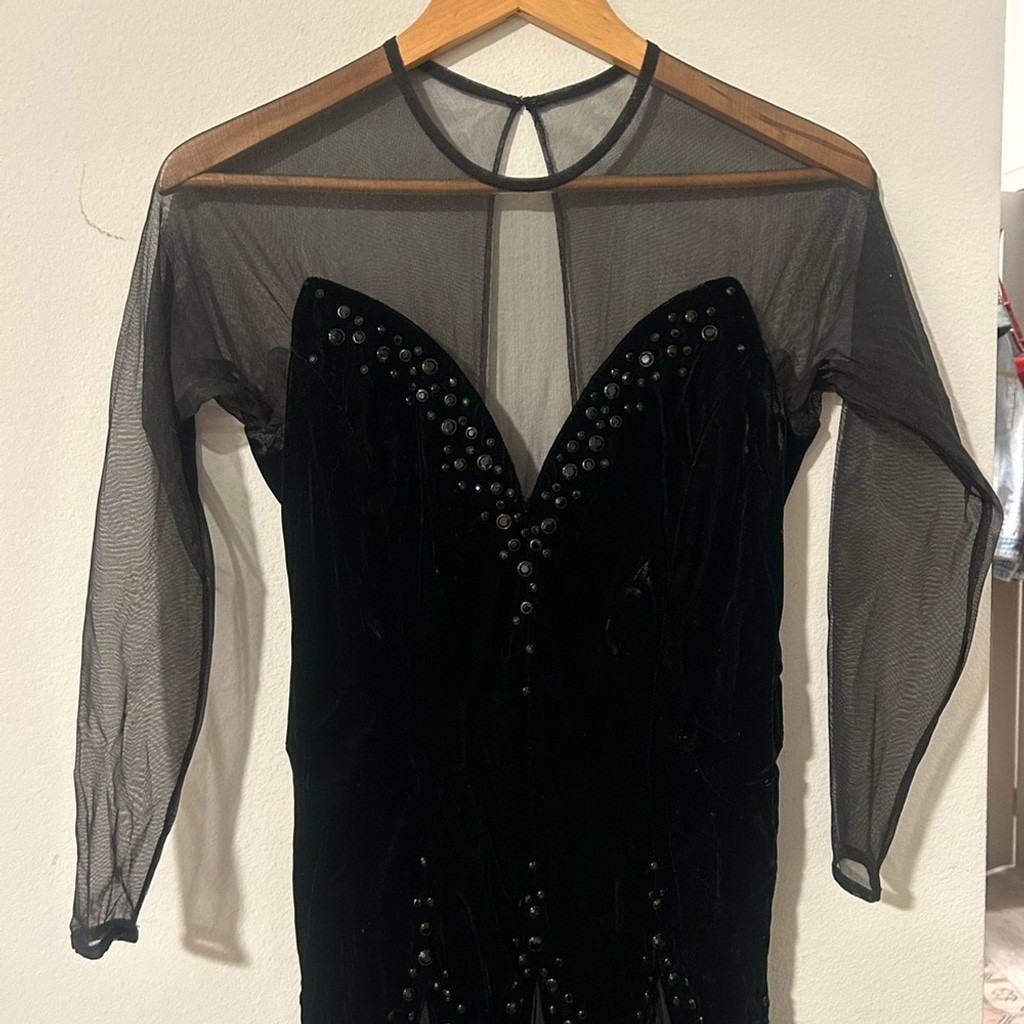 Vintage Ann Lawrence Black Velvet & Sheer Mesh Evening Gown Dress Size 8 Witchy