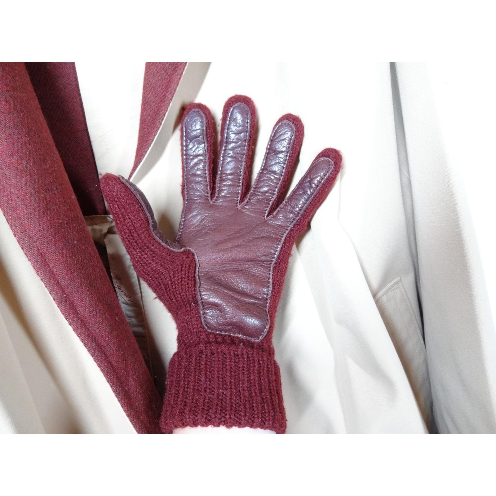 VTG Etienne Aigner Crop Trench Coat L Tan Burgundy Hood Belted Jacket and Gloves
