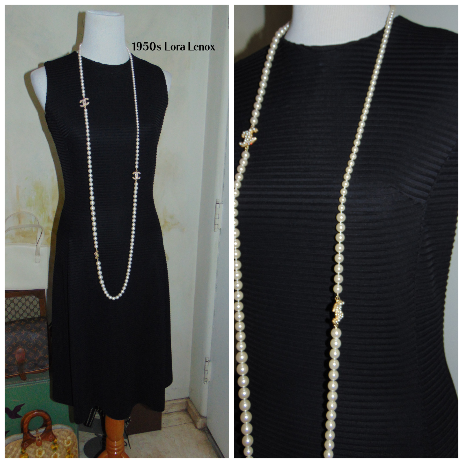 Vintage 1950s Lora Lenox Dress Black 1960s Cocktail Wiggle Ribbed Textured M/L