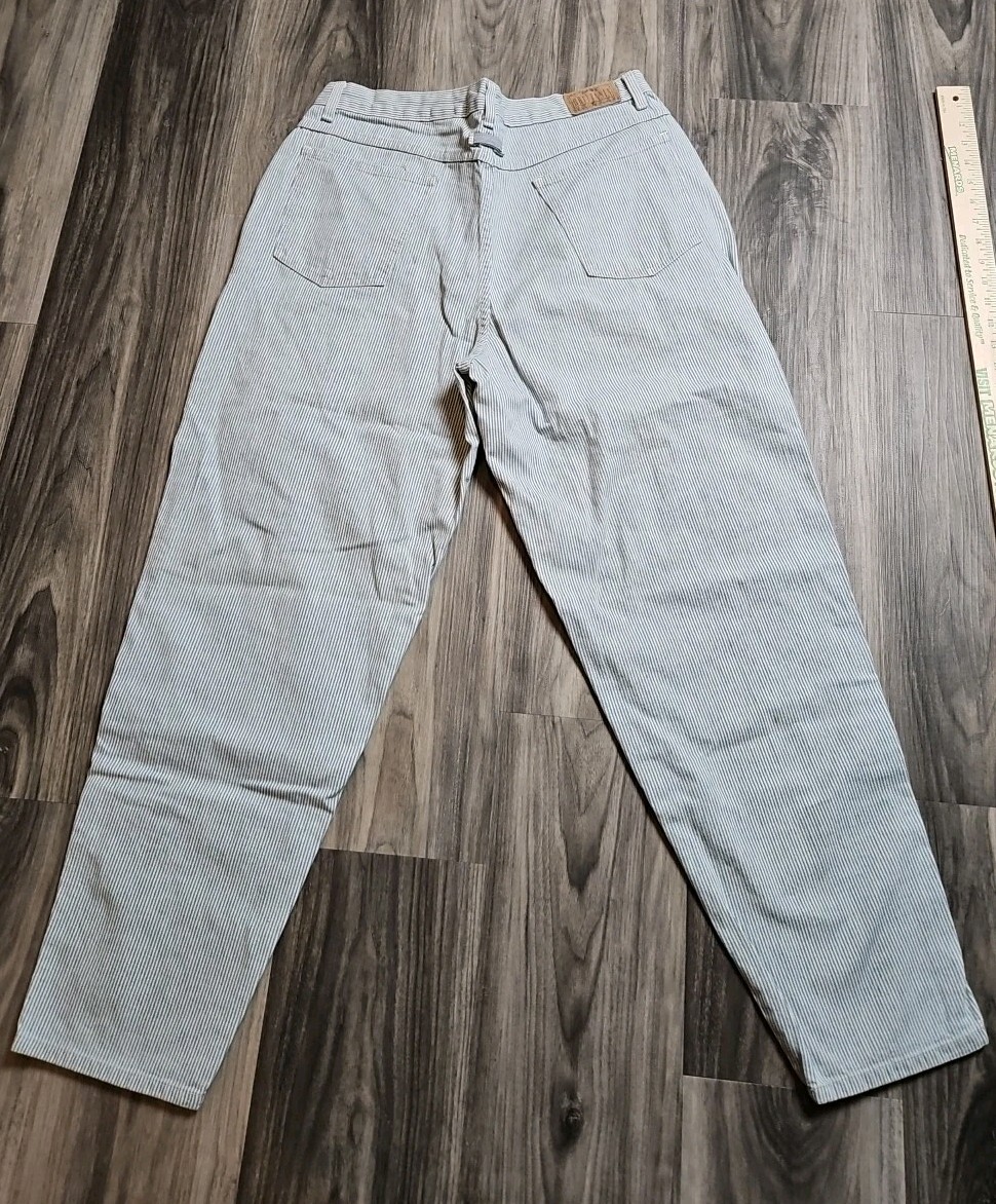 80s 90s~ Britannia Railroad Pinstripe Women’s Petite High Waist Mom Jeans 32×29