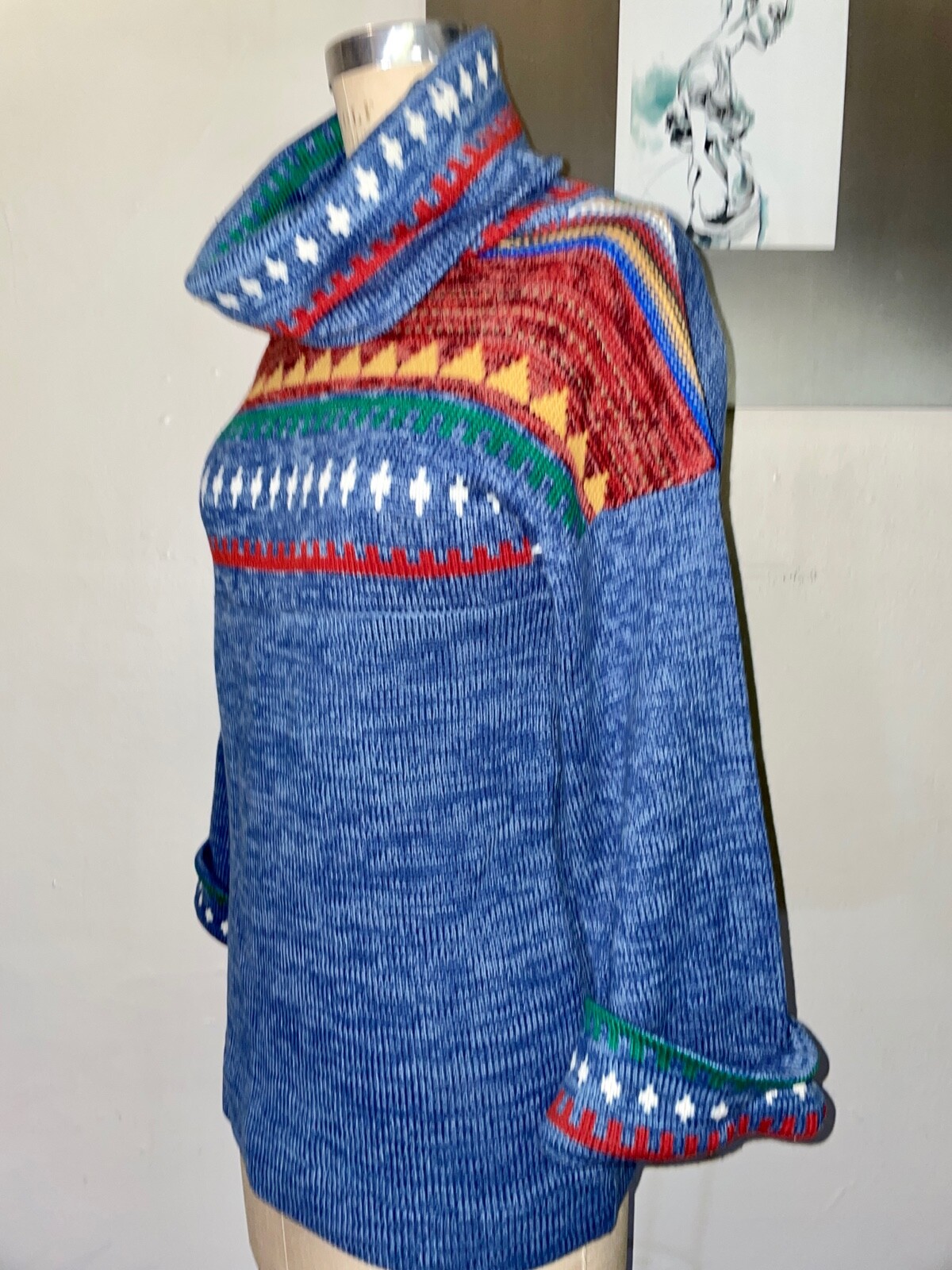 VTG 70’S BOHO HIPPY SOUTHWEST NATIVE PRINT BLUE TURTLENECK A-LINE SWEATER*S