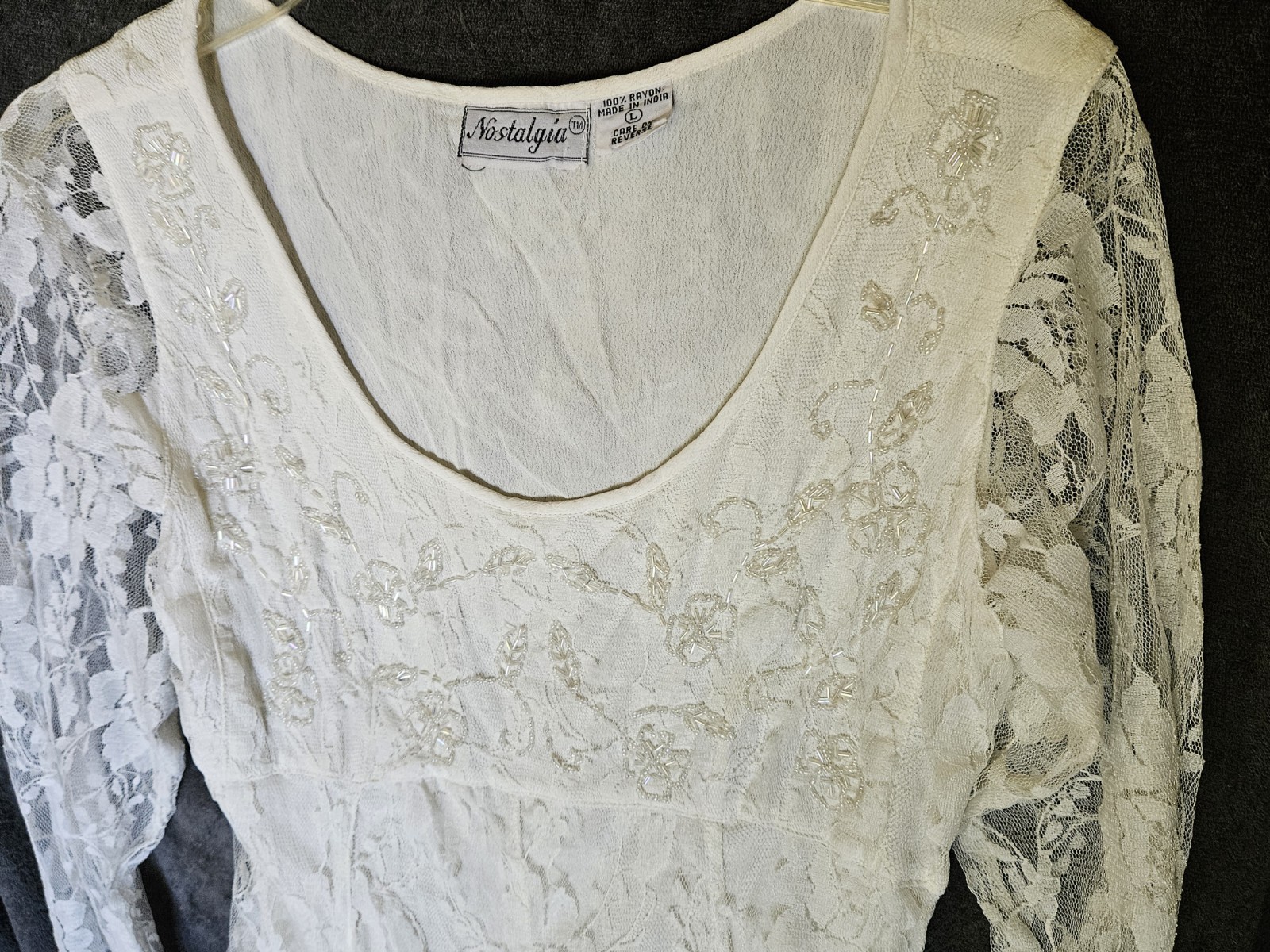 Vintage NOSTALGIA Ivory Off White Lace & Iridescent Beading Maxi Dress*Large