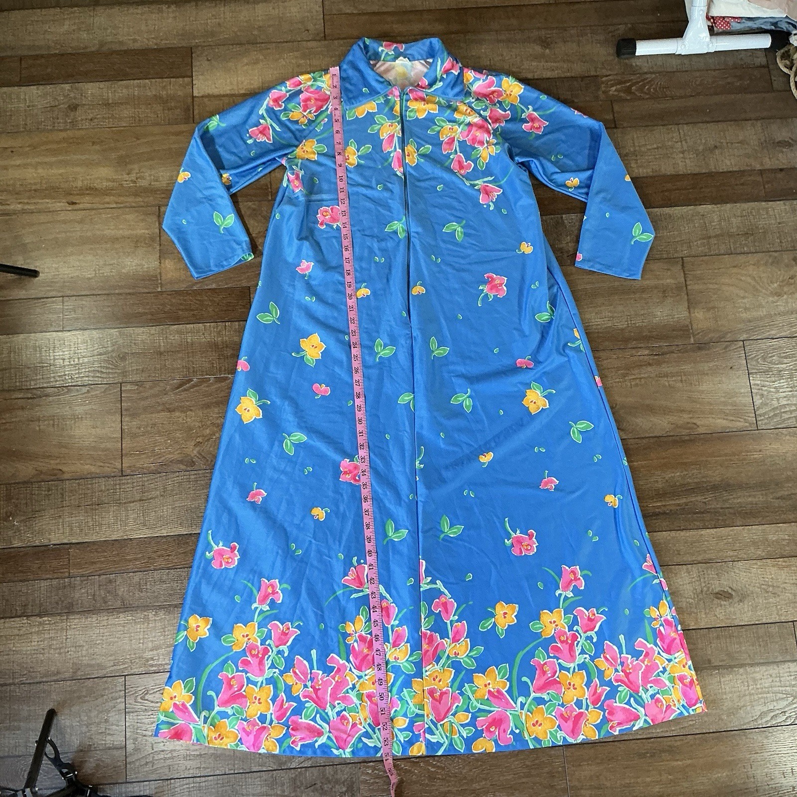 70s VTG Elaine Sklar Floral Zip Housecoat Blue Nylon Robe Women’s L Long #351125