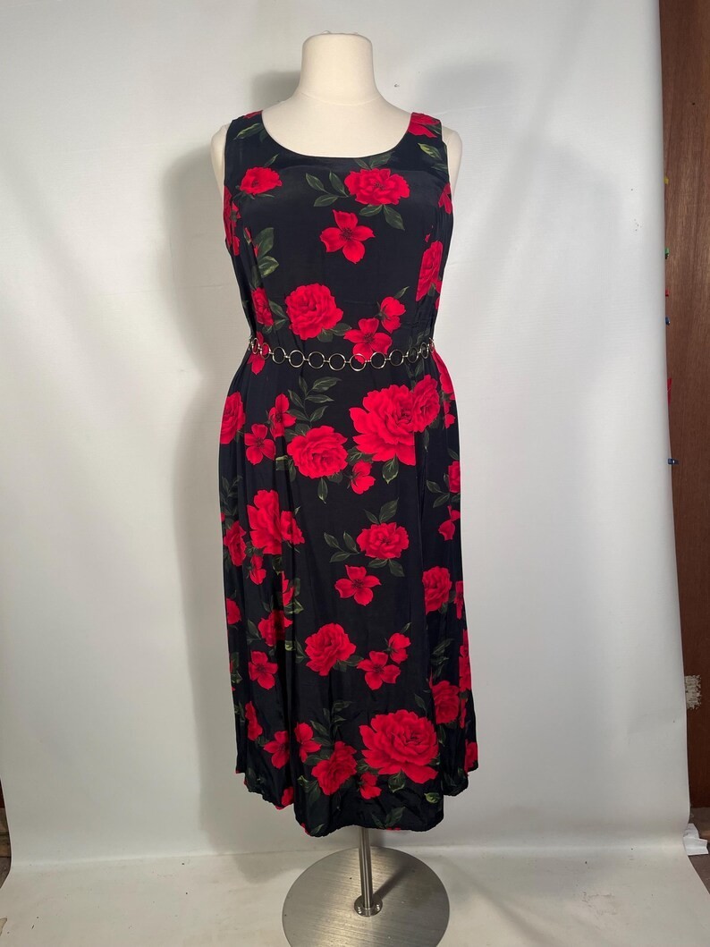 Vintage 1990s Plus Size Rose Print Rayon Maxi Dress Made In USA Size 18 2XL