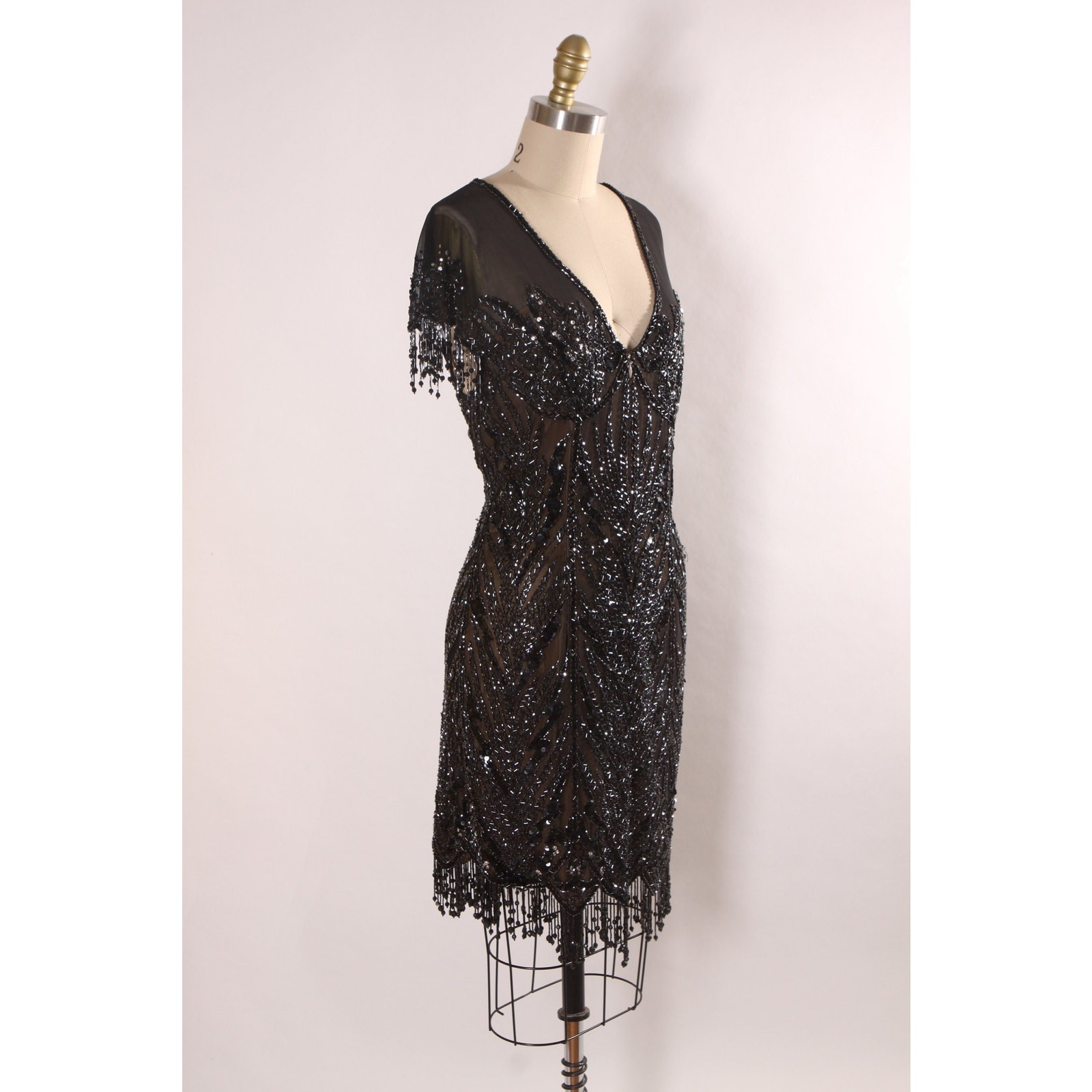 1980s 1990s Black Sequin Beaded Fringe Flapper Style Dress by Peak Evenings