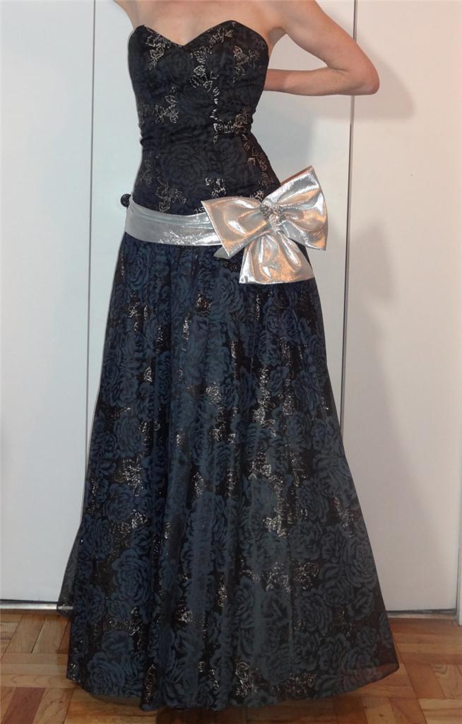 STRAPLESS BLACK LONG DRESS CORSET TOP TULLE SKIRT golden leaves SILVER BOW XXS