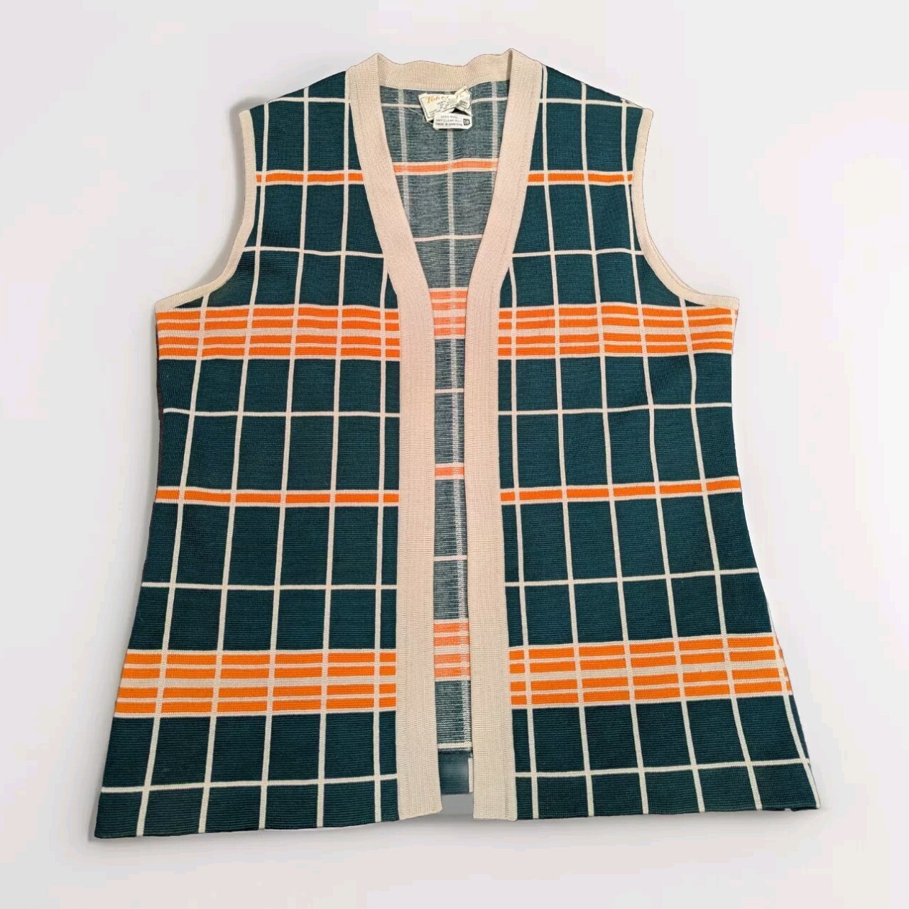 Vintage Tokki Tu 100% Wool Knit Vest Womens 18 (XL) Checkered Green Hong Kong
