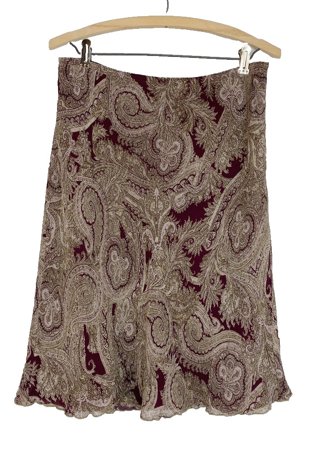 Vintage 1990s purple paisley skirt M rayon below knee low rise gray J JILL