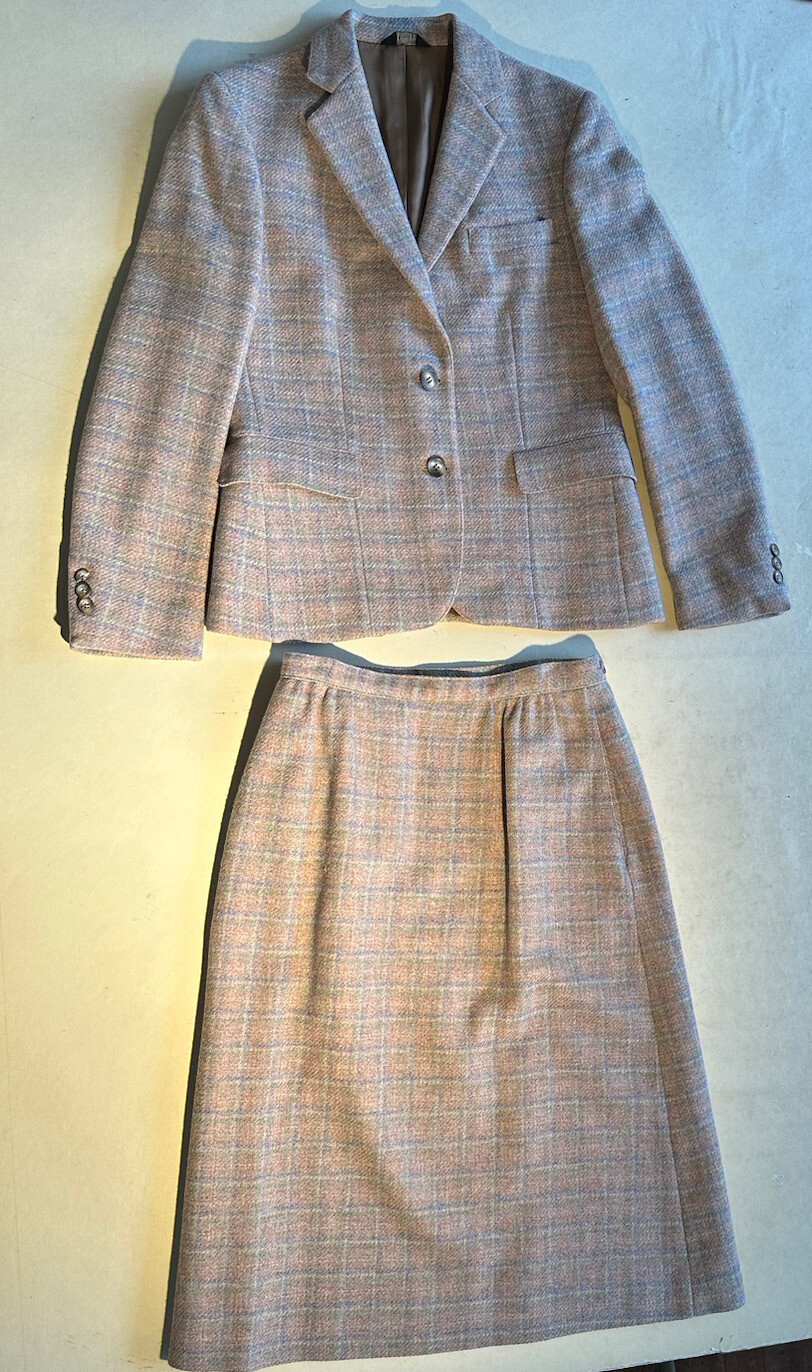 Vintage Ms.Sero Womens Pale Beige/Pink/Blue Wool Plaid Skirt Suit Sz 8 used