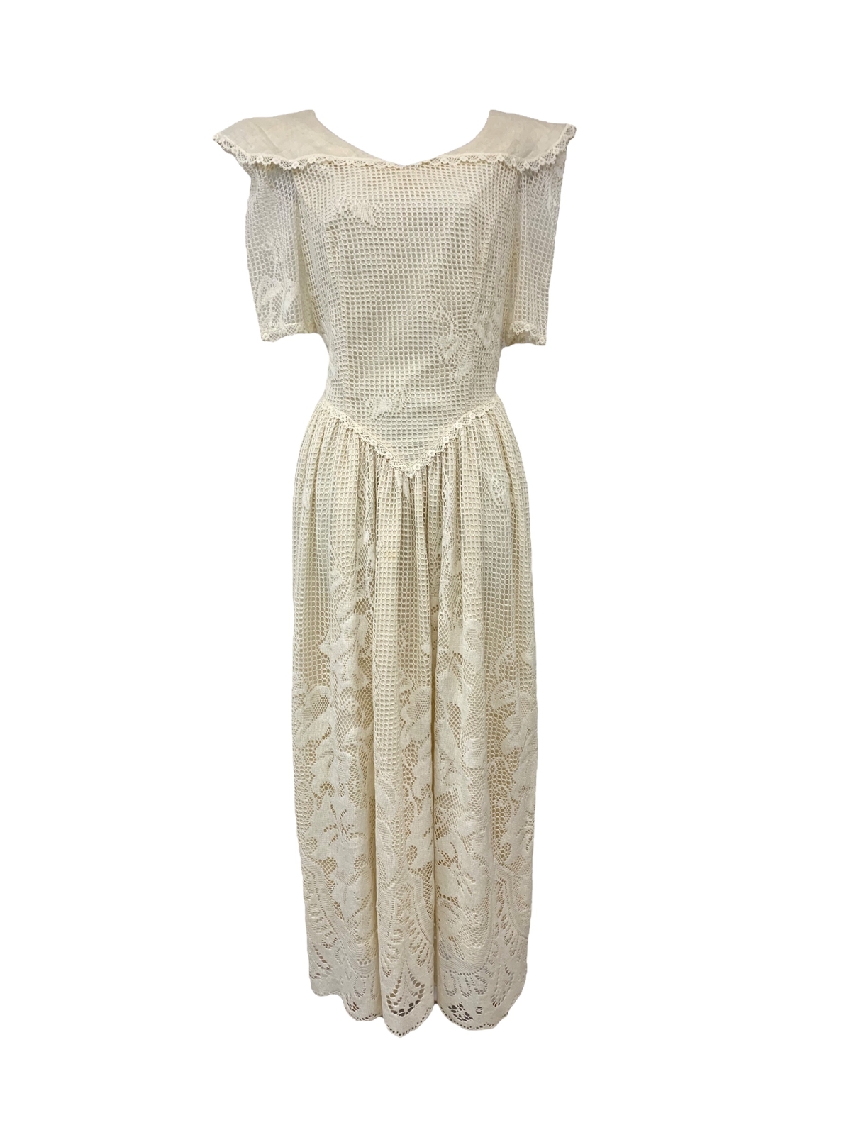 Vtg Vintage 1980s 80s White Floral Crochet Lace Netted Cottage Core Party Dress