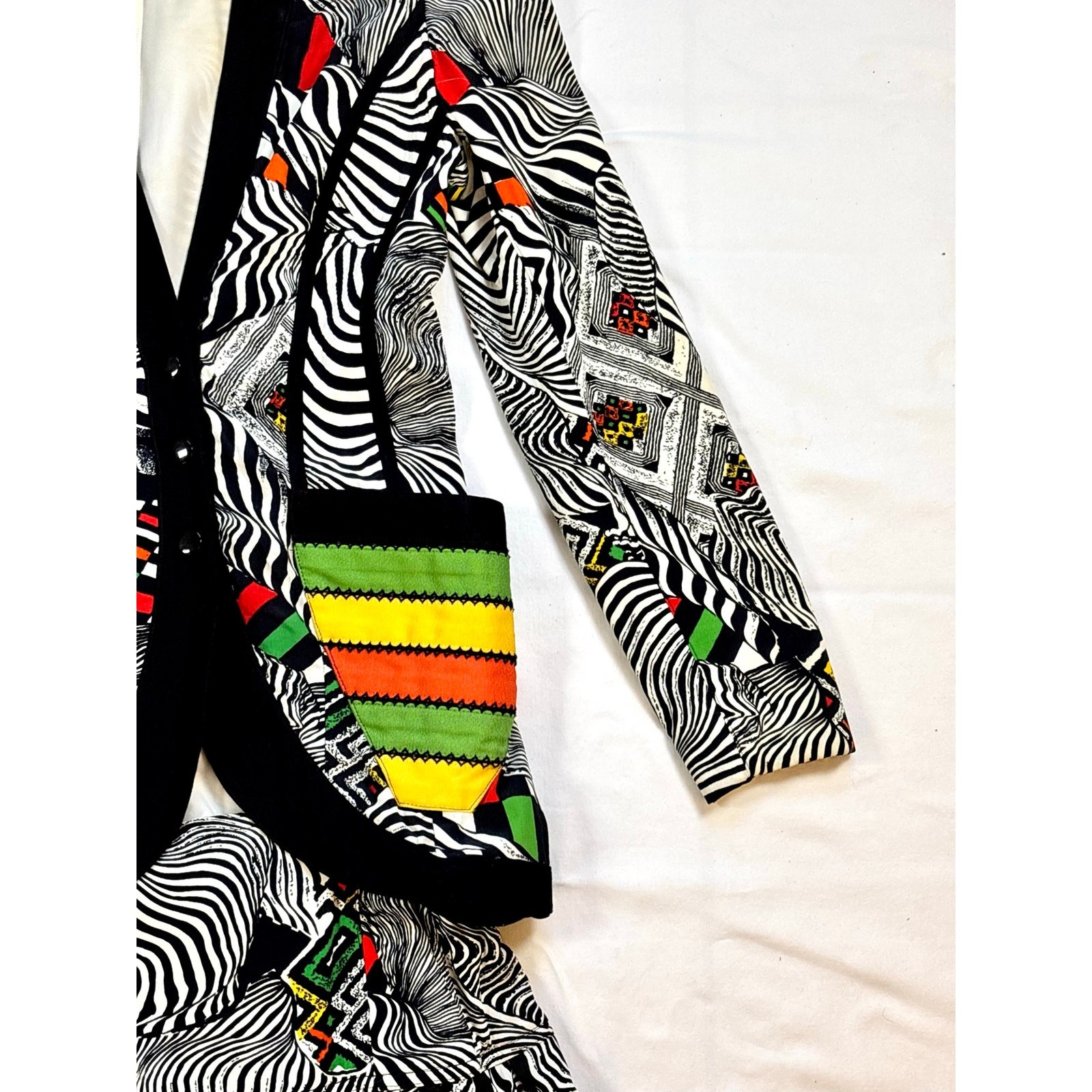 1980s IIF Zebra Geometric Print Skirt Set Blazer Car Wash Fringe Mini Two Piece