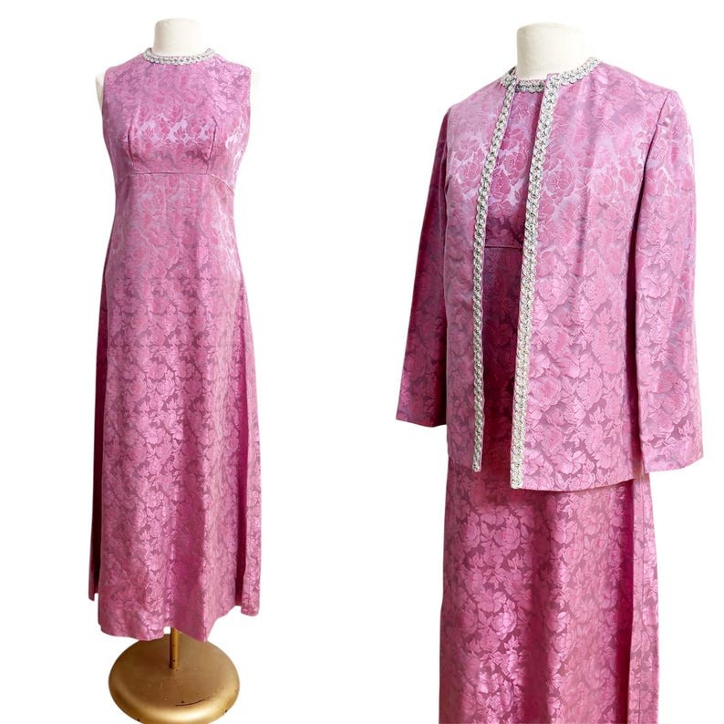 1960s Hostess Gown / 1960s Brocade Gown / Pink Gown / Size Large