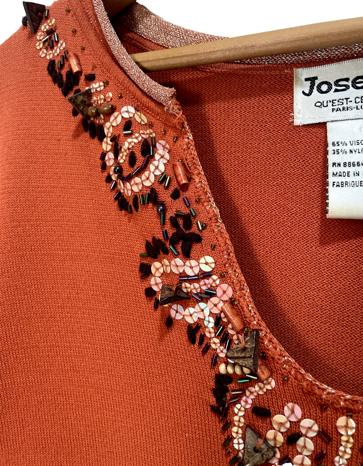 Joseph A. Vintage 80s Orange Beaded V-Neck Viscose Pullover Sweater Size M