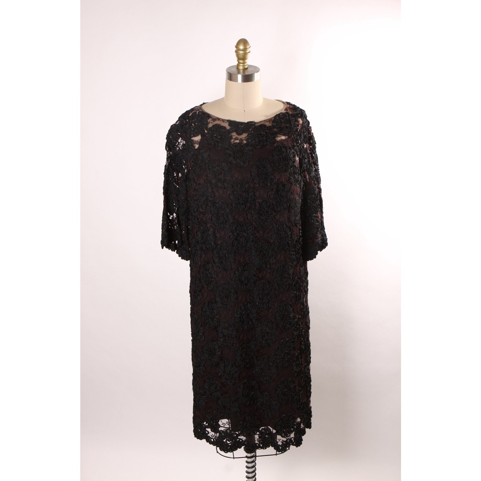 1960s Sheer Black Floral Lace Overlay Dress with Two Slips in Pink and Black