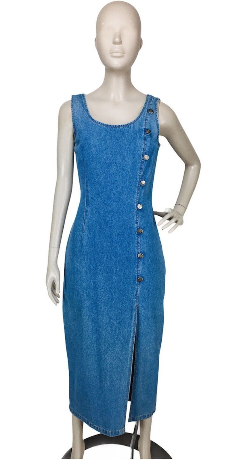 VTG 80s Bombshell Hourglass Denim Thigh-Slit Front Side Button Jean Dress NOS