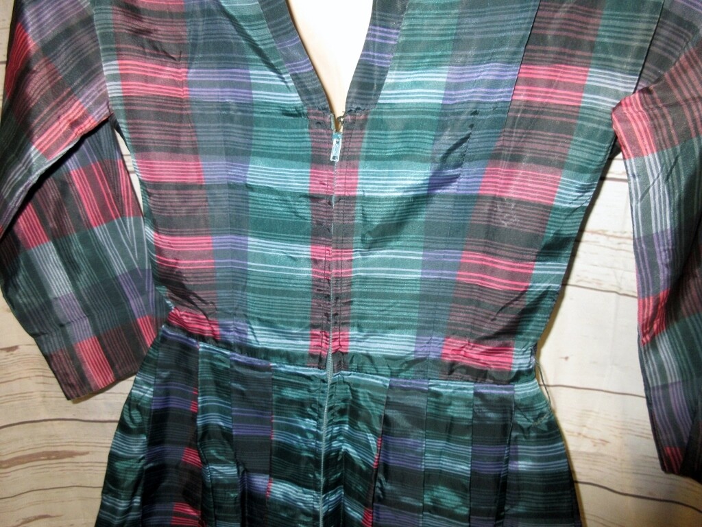 VTG 50’s Jonathan Logan Dress Rockabilly Satin Stripe Pleated 11 32/24/36 Plaid