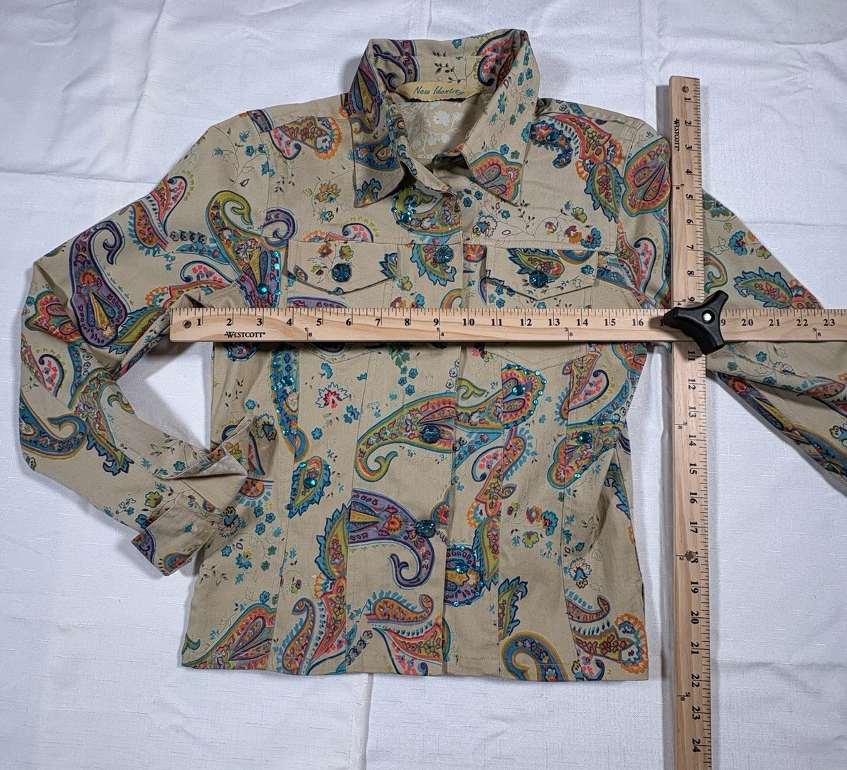 VTG 90s Paisley Sequin Gems Stretchy Fitted Cotton Layering Blazer Jacket S(A30)