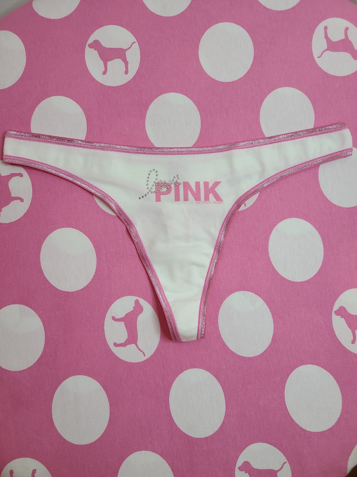 Rare VTG VS PINK Low Rise Graphic Cotton Bling Thong Panty Size M Pink White