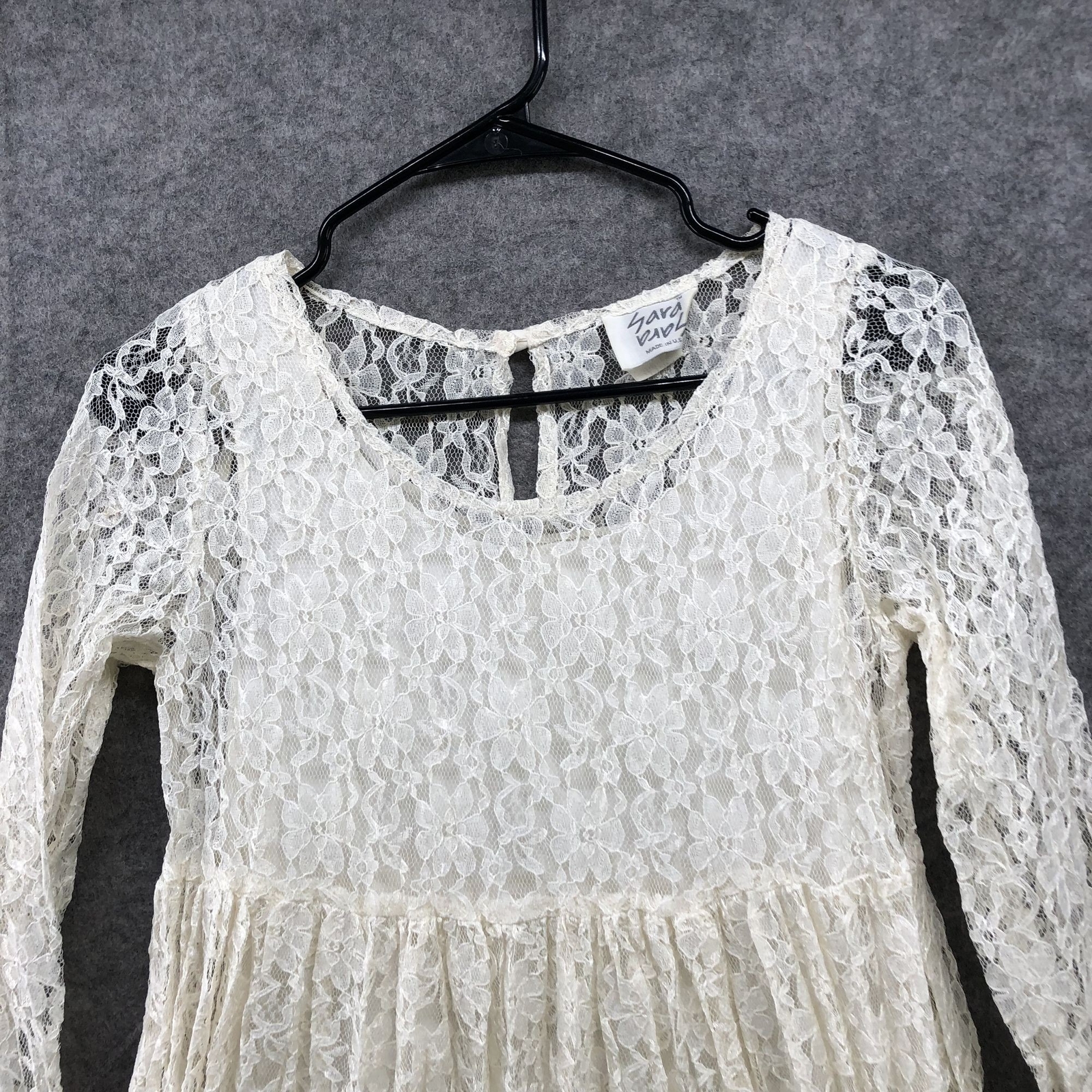 Vintage Sara Babs All Lace Dress Size 12 (S) Ivory 3/4 Sleeve Midi A-Line